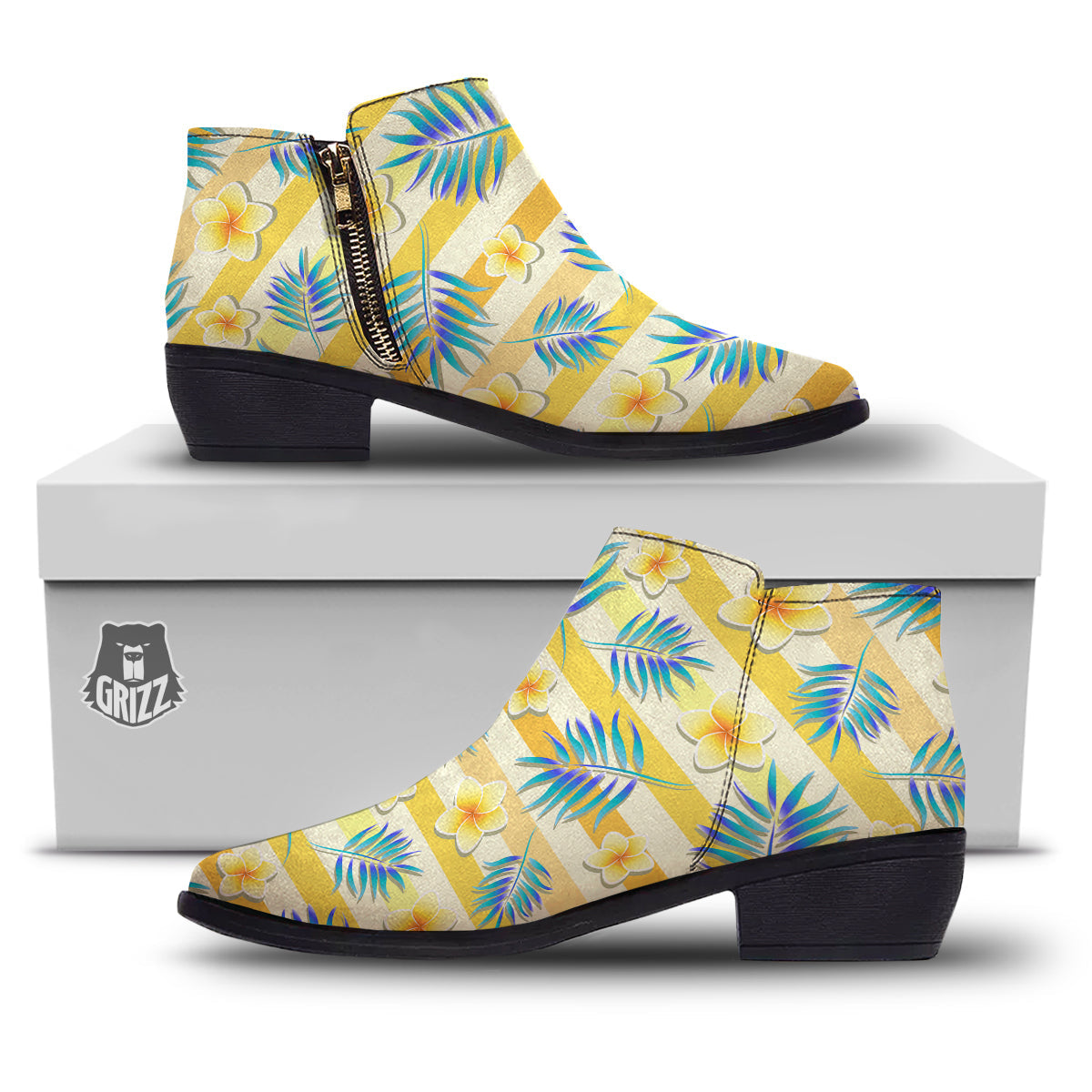 Frangipani Yellow Print Pattern Ankle Boots-grizzshop