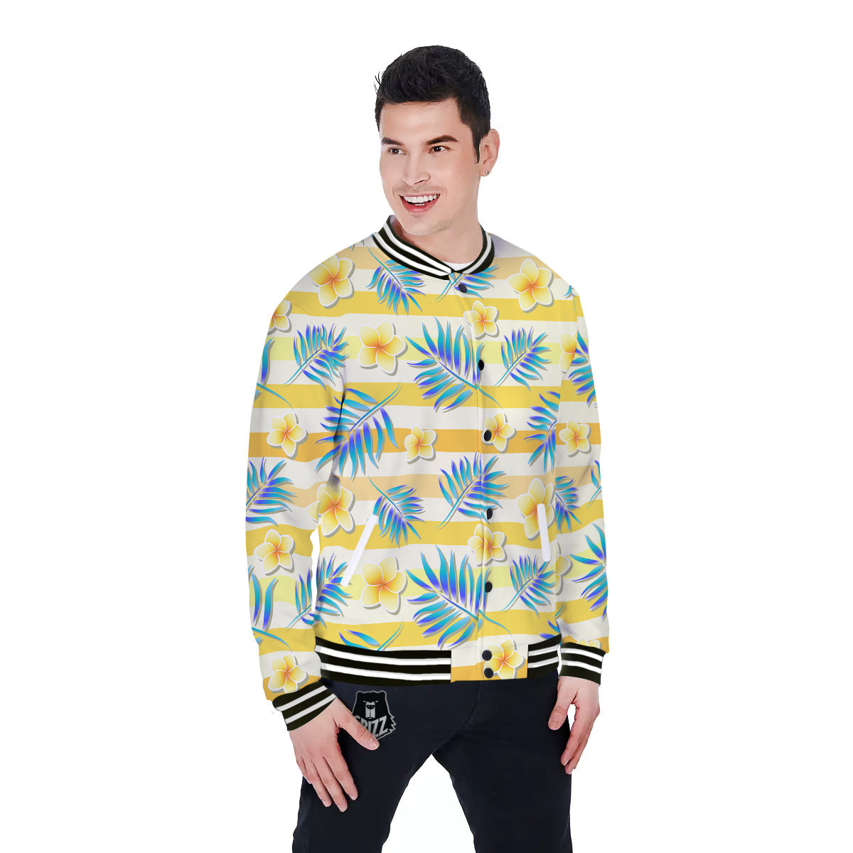Frangipani Yellow Print Pattern Baseball Jacket-grizzshop