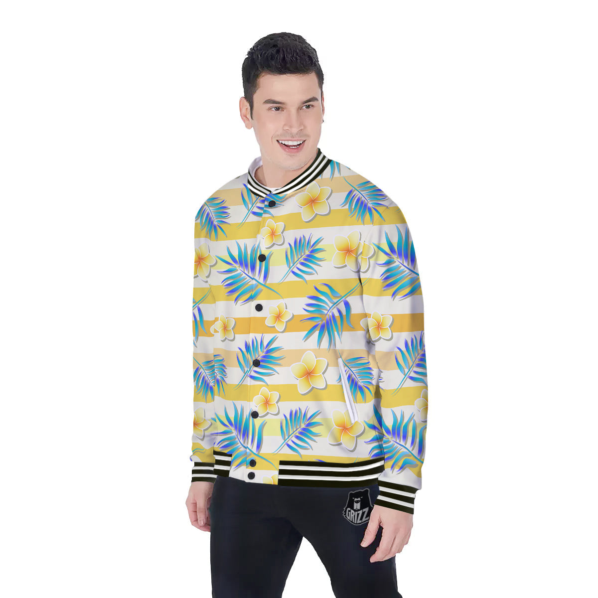 Frangipani Yellow Print Pattern Baseball Jacket-grizzshop