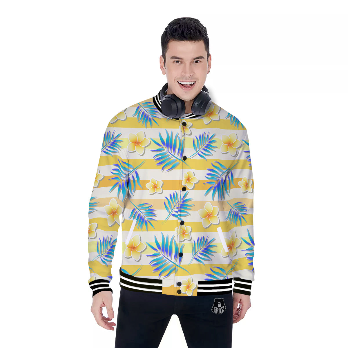 Frangipani Yellow Print Pattern Baseball Jacket-grizzshop