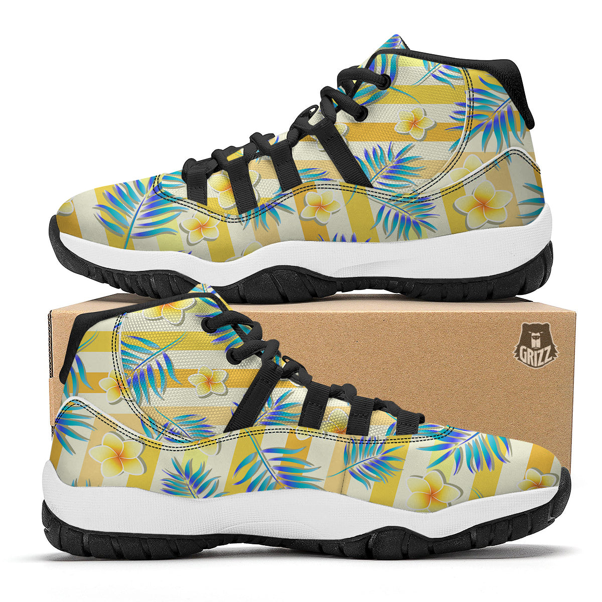 Frangipani Yellow Print Pattern Black Bball Shoes-grizzshop