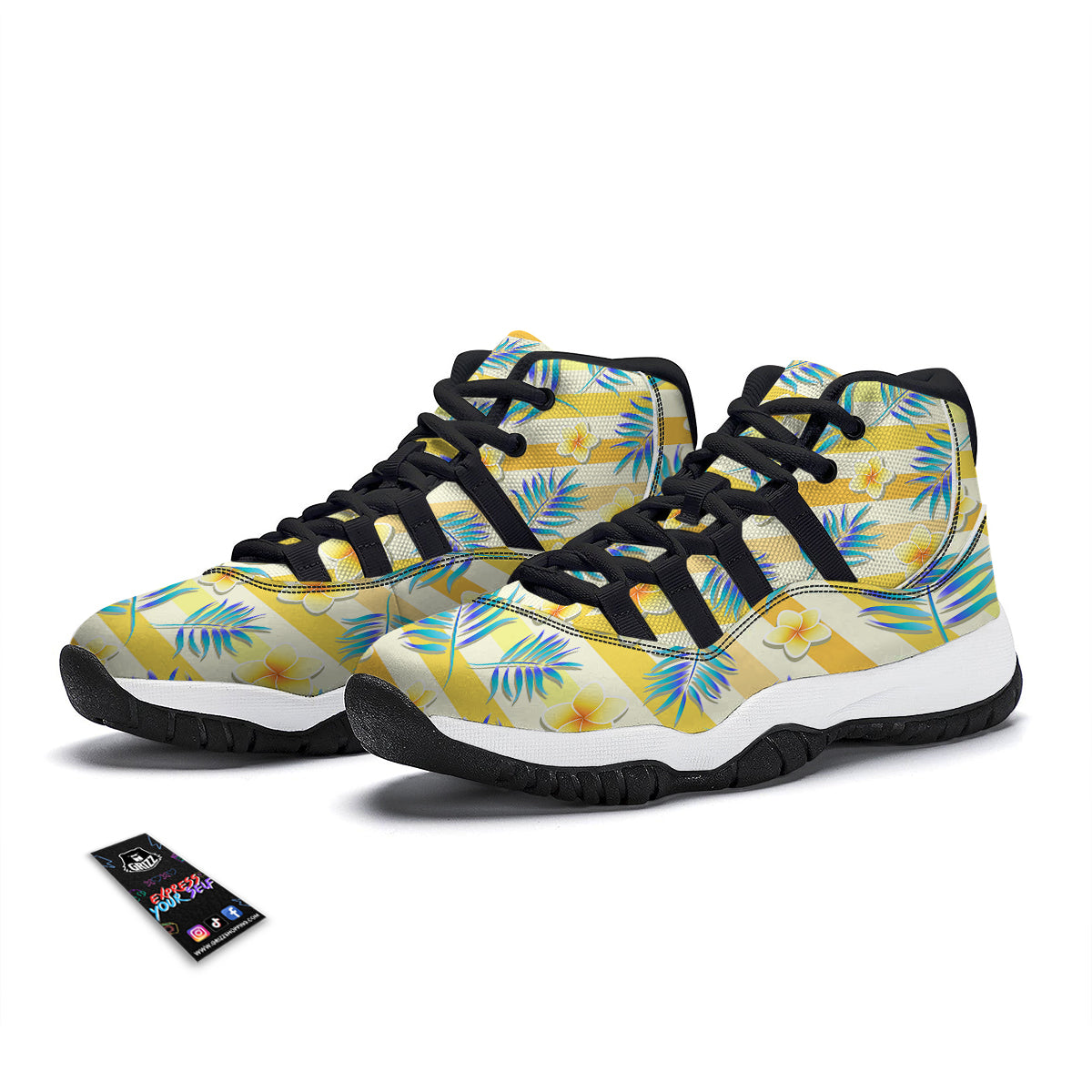 Frangipani Yellow Print Pattern Black Bball Shoes-grizzshop