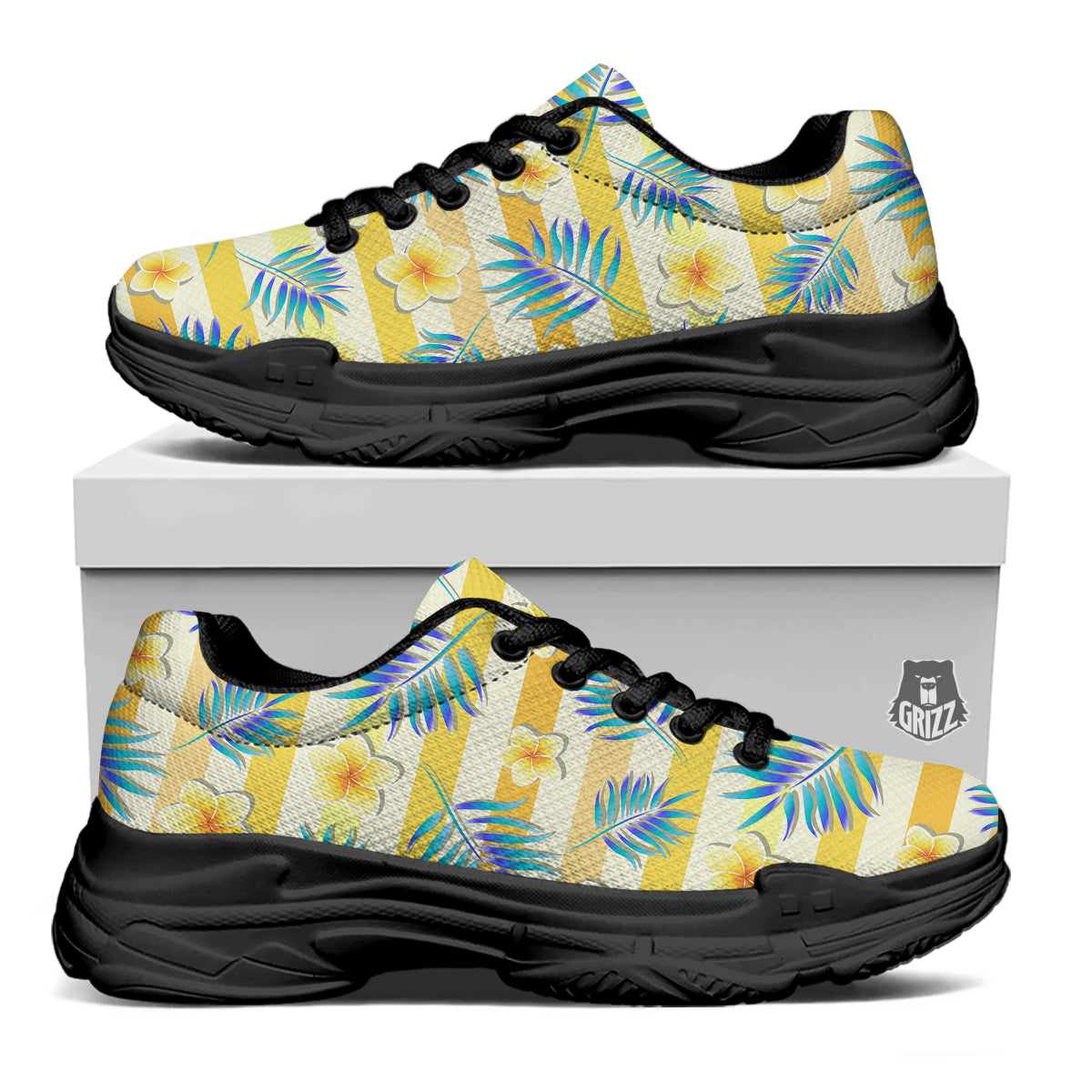 Frangipani Yellow Print Pattern Black Chunky Shoes-grizzshop