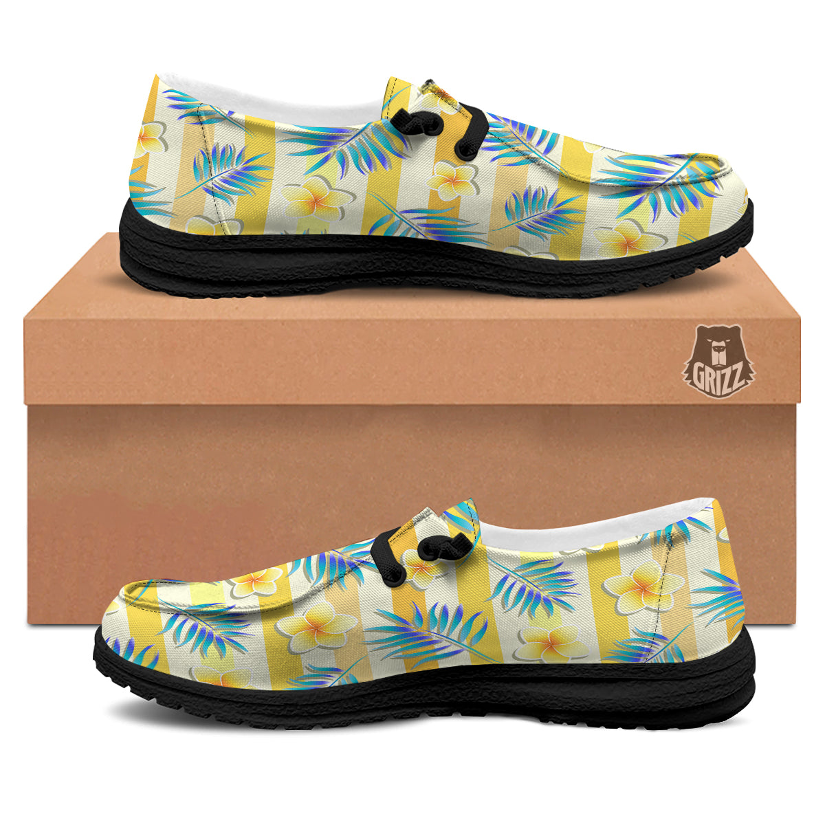 Frangipani Yellow Print Pattern Black Loafers-grizzshop