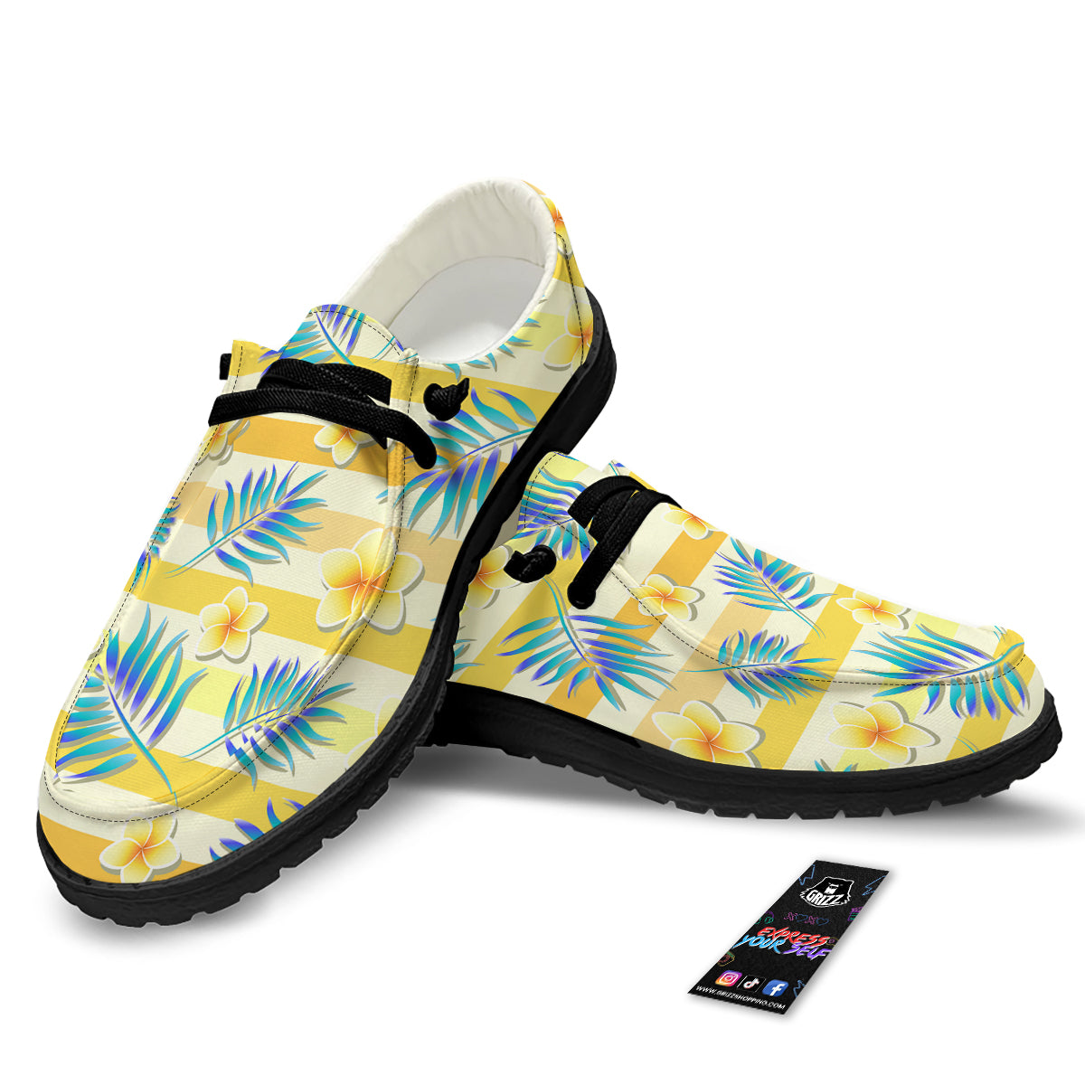 Frangipani Yellow Print Pattern Black Loafers-grizzshop