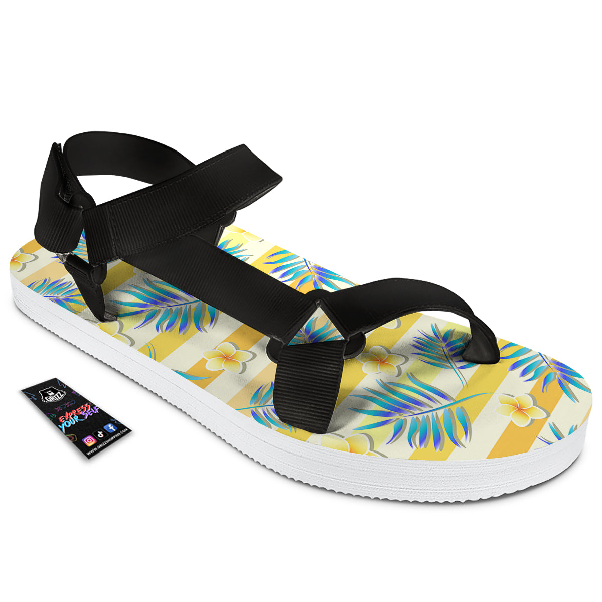 Frangipani Yellow Print Pattern Black Open Toe Sandals-grizzshop