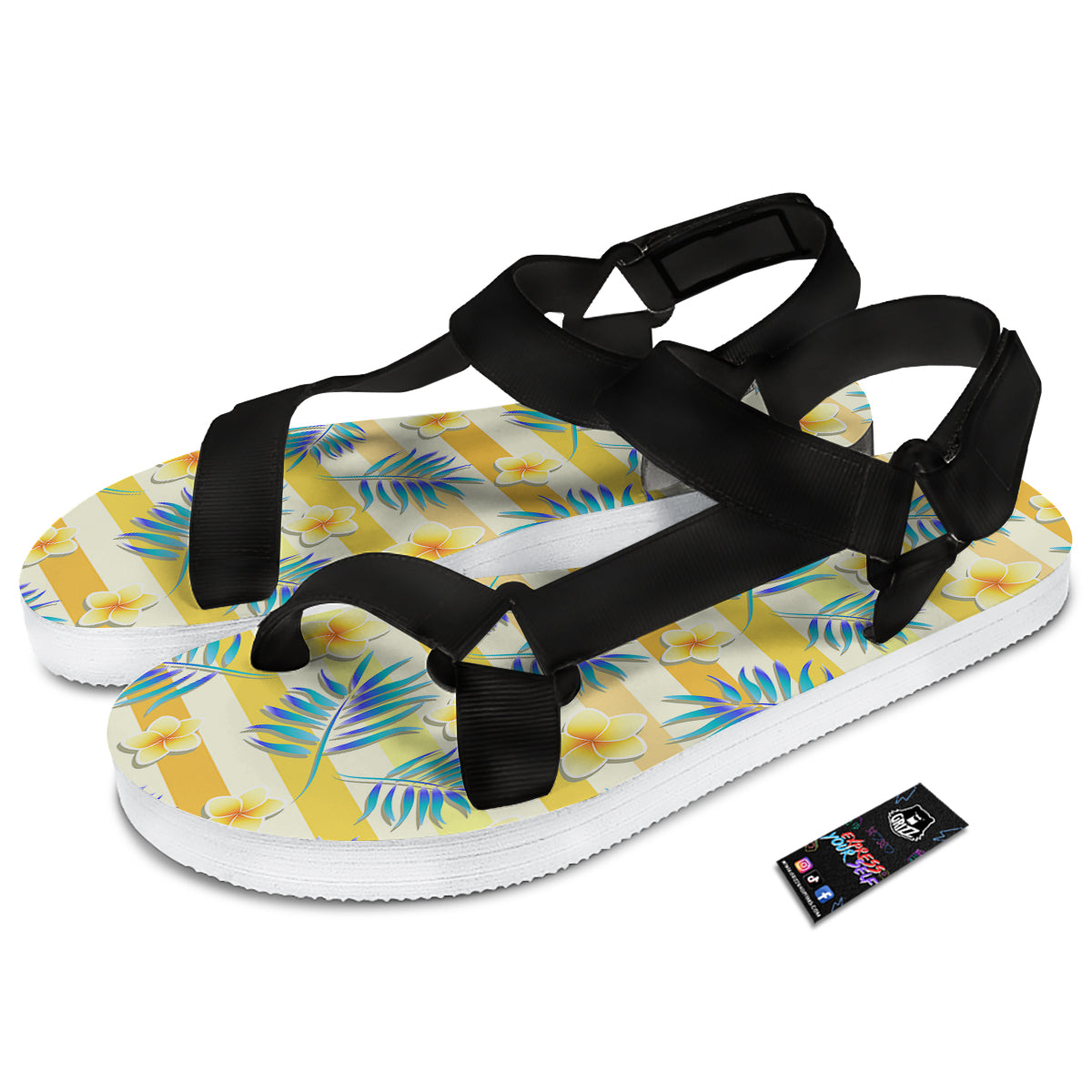 Frangipani Yellow Print Pattern Black Open Toe Sandals-grizzshop