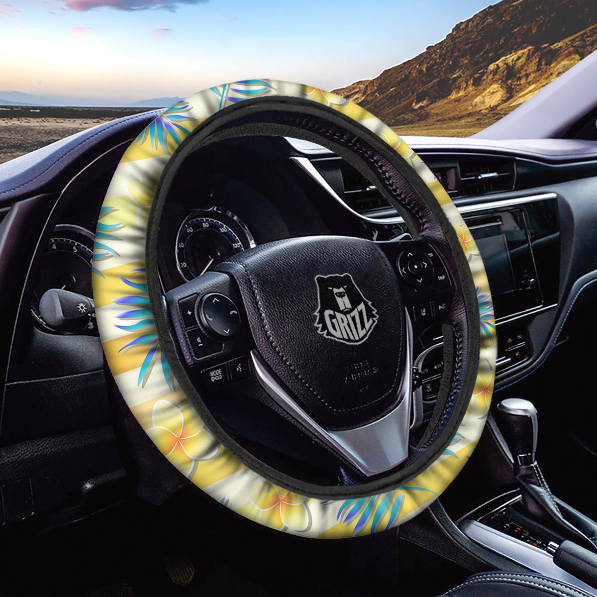 Frangipani Yellow Print Pattern Car Steering Wheel Cover-grizzshop