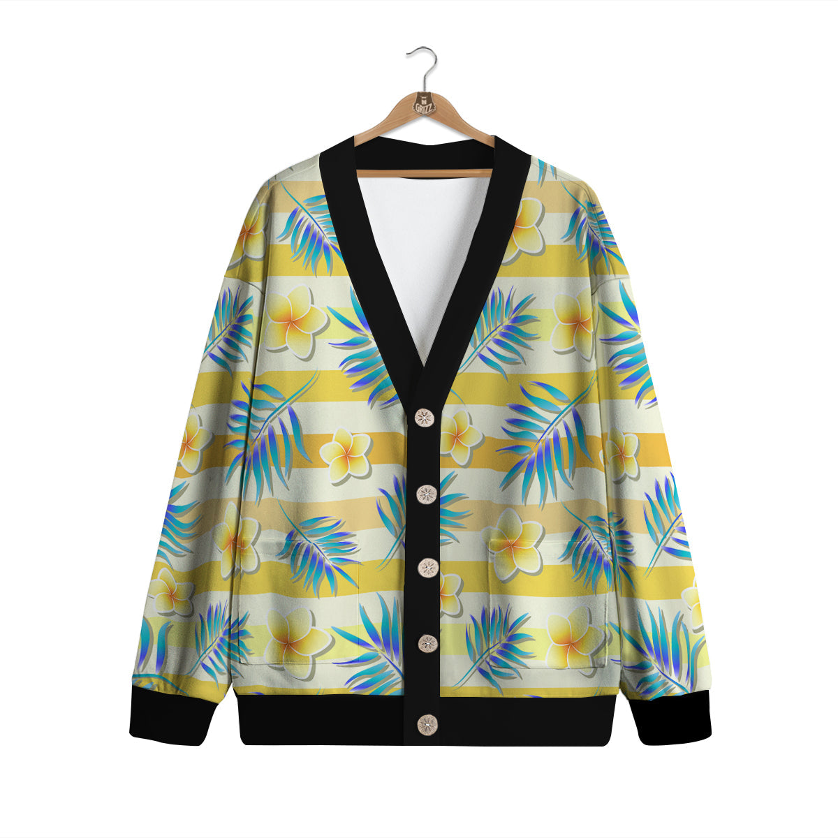 Frangipani Yellow Print Pattern Cardigan-grizzshop