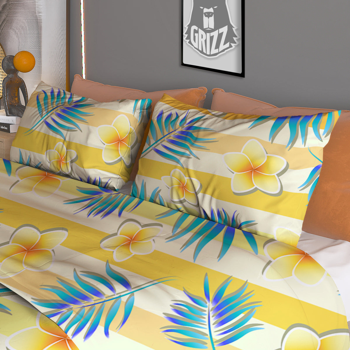 Frangipani Yellow Print Pattern Duvet Cover Bedding Set