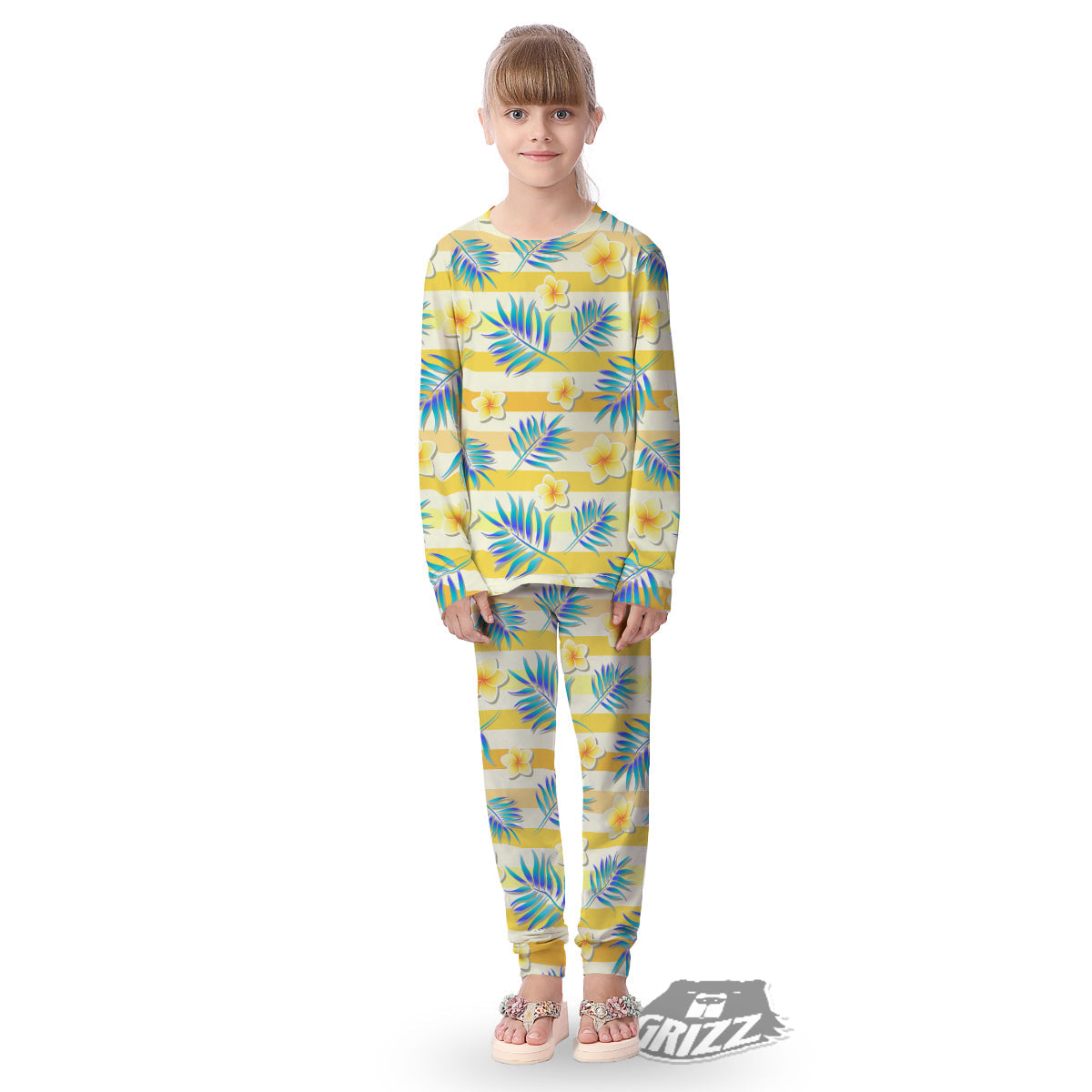 Frangipani Yellow Print Pattern Kid's Pajamas-grizzshop