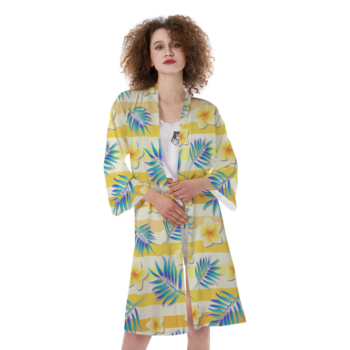 Frangipani Yellow Print Pattern Kimono-grizzshop