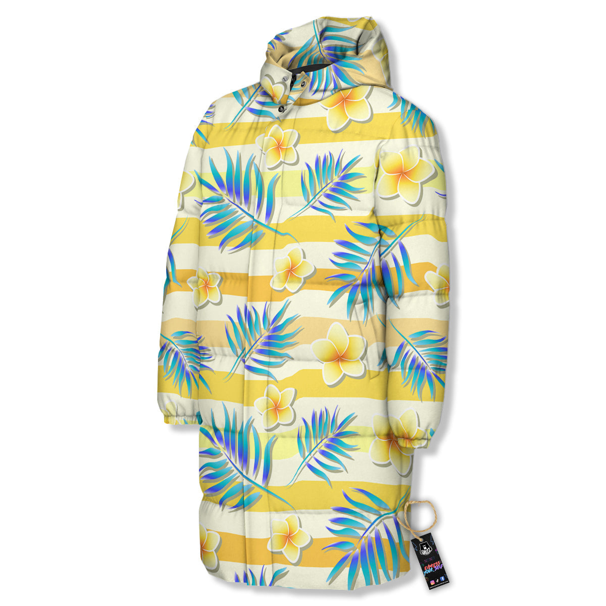 Frangipani Yellow Print Pattern Long Down Jacket-grizzshop