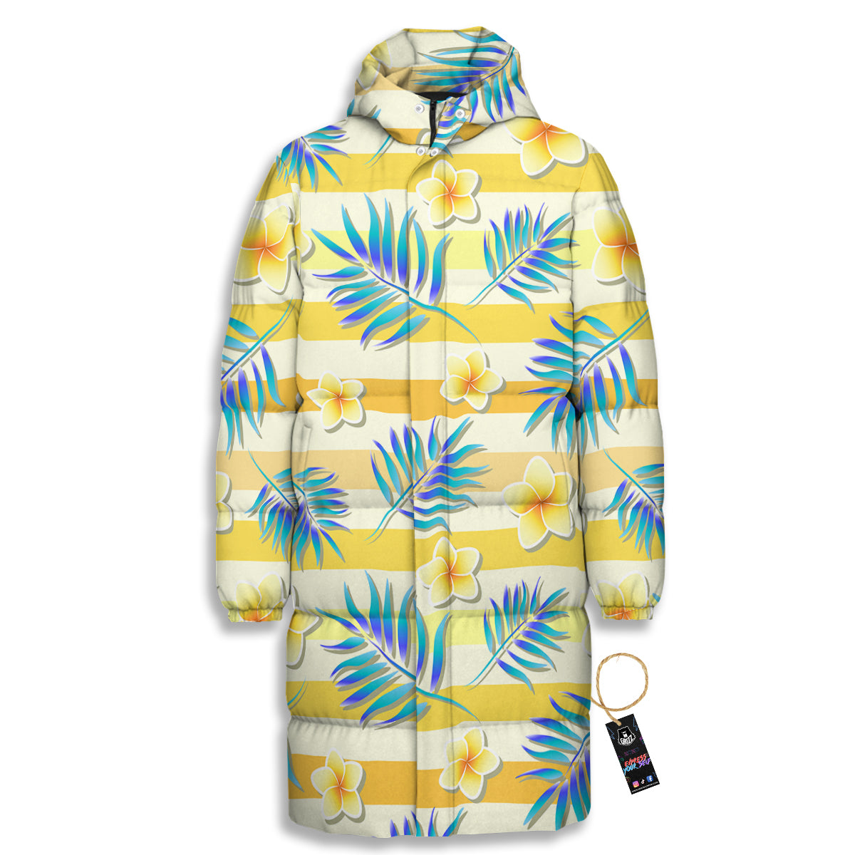 Frangipani Yellow Print Pattern Long Down Jacket-grizzshop