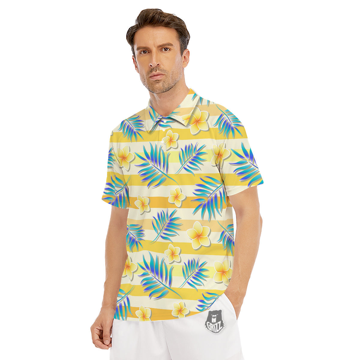 Frangipani Yellow Print Pattern Men's Golf Shirts-grizzshop