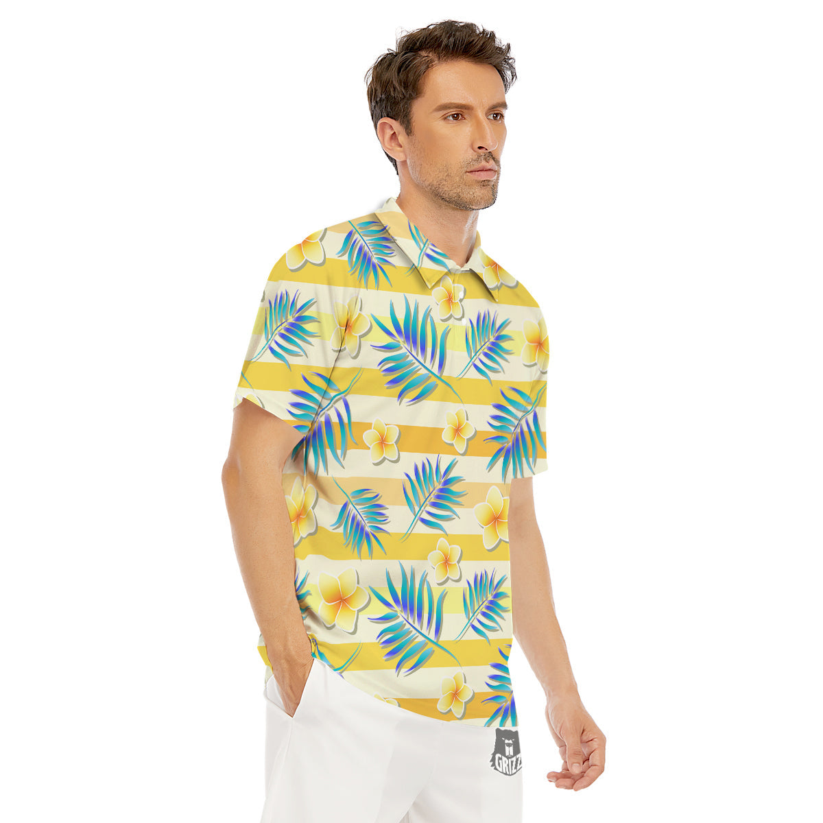 Frangipani Yellow Print Pattern Men's Golf Shirts-grizzshop