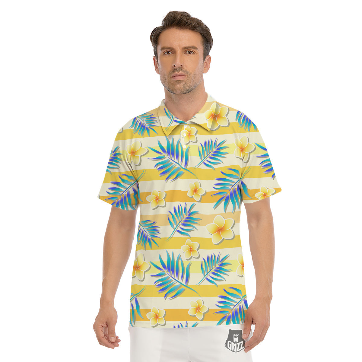 Frangipani Yellow Print Pattern Men's Golf Shirts-grizzshop