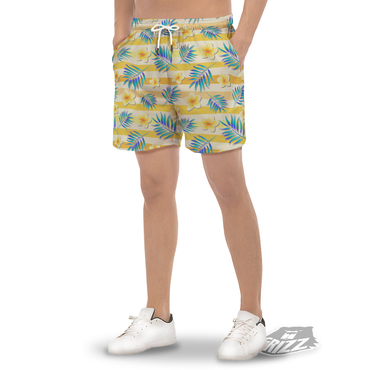 Frangipani Yellow Print Pattern Men's Gym Shorts-grizzshop