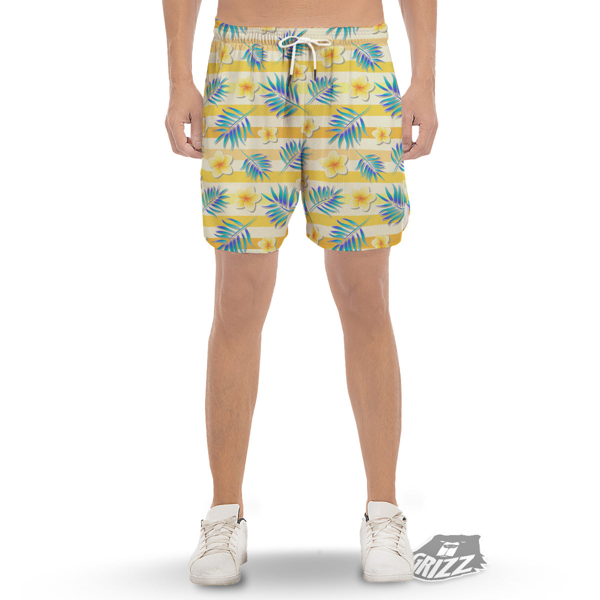 Frangipani Yellow Print Pattern Men's Gym Shorts-grizzshop