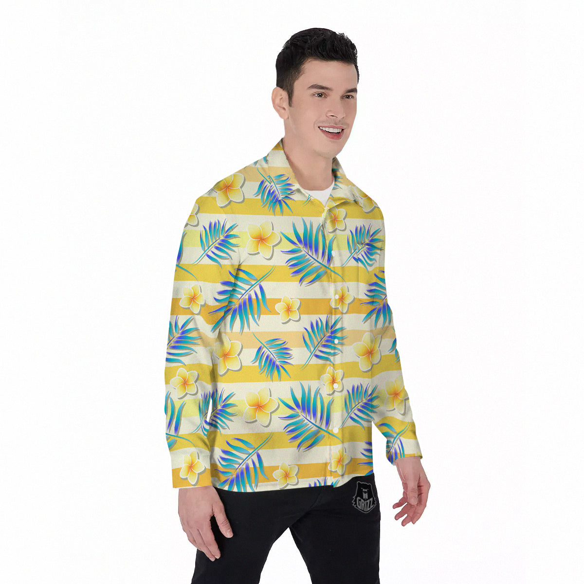 Frangipani Yellow Print Pattern Men's Long Sleeve Shirts-grizzshop