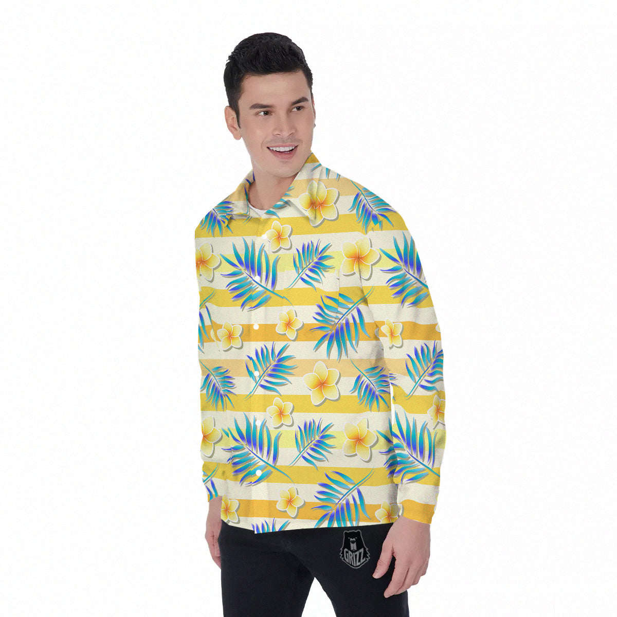 Frangipani Yellow Print Pattern Men's Long Sleeve Shirts-grizzshop