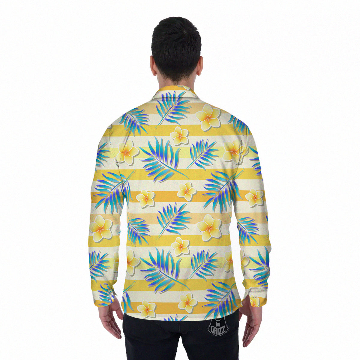 Frangipani Yellow Print Pattern Men's Long Sleeve Shirts-grizzshop