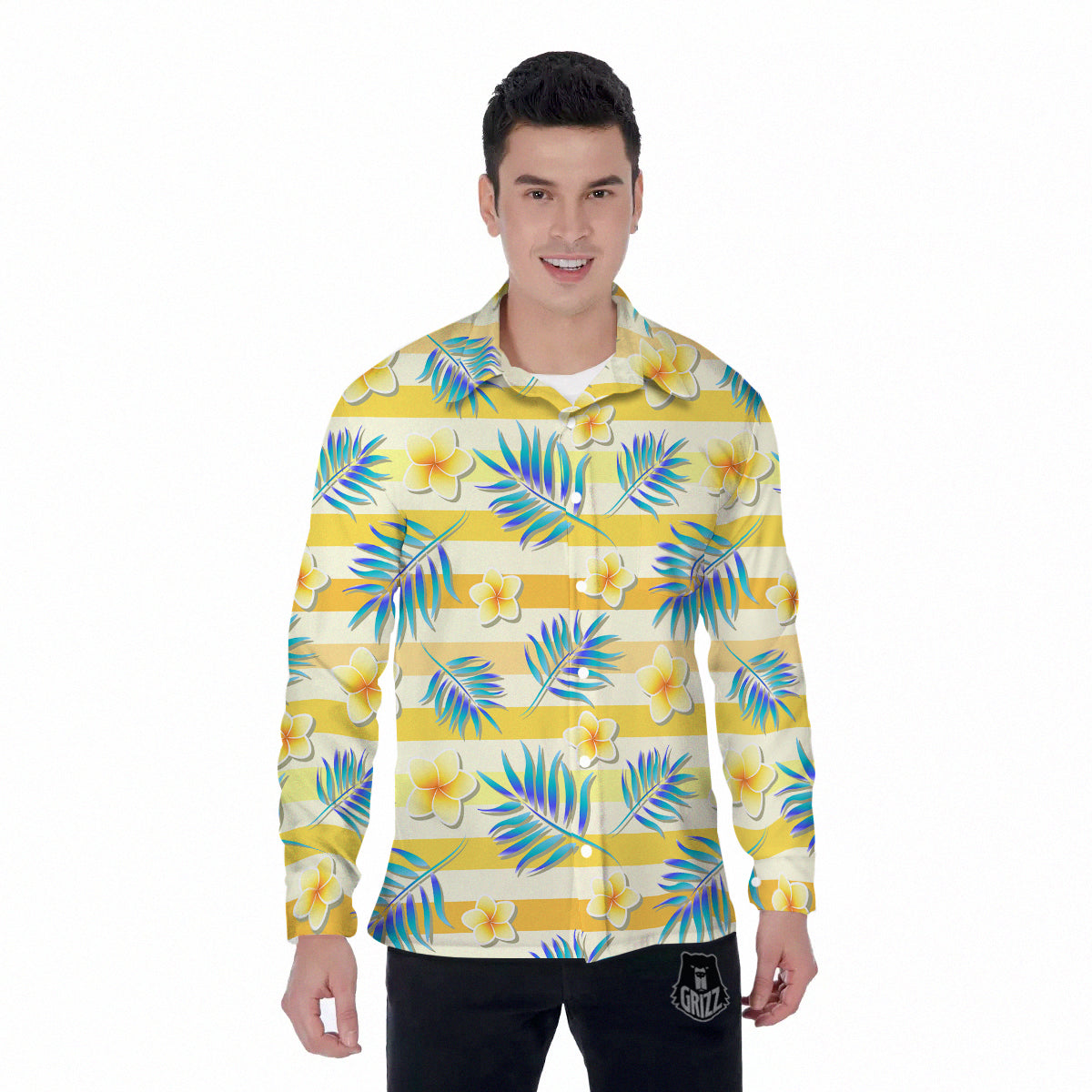 Frangipani Yellow Print Pattern Men's Long Sleeve Shirts-grizzshop