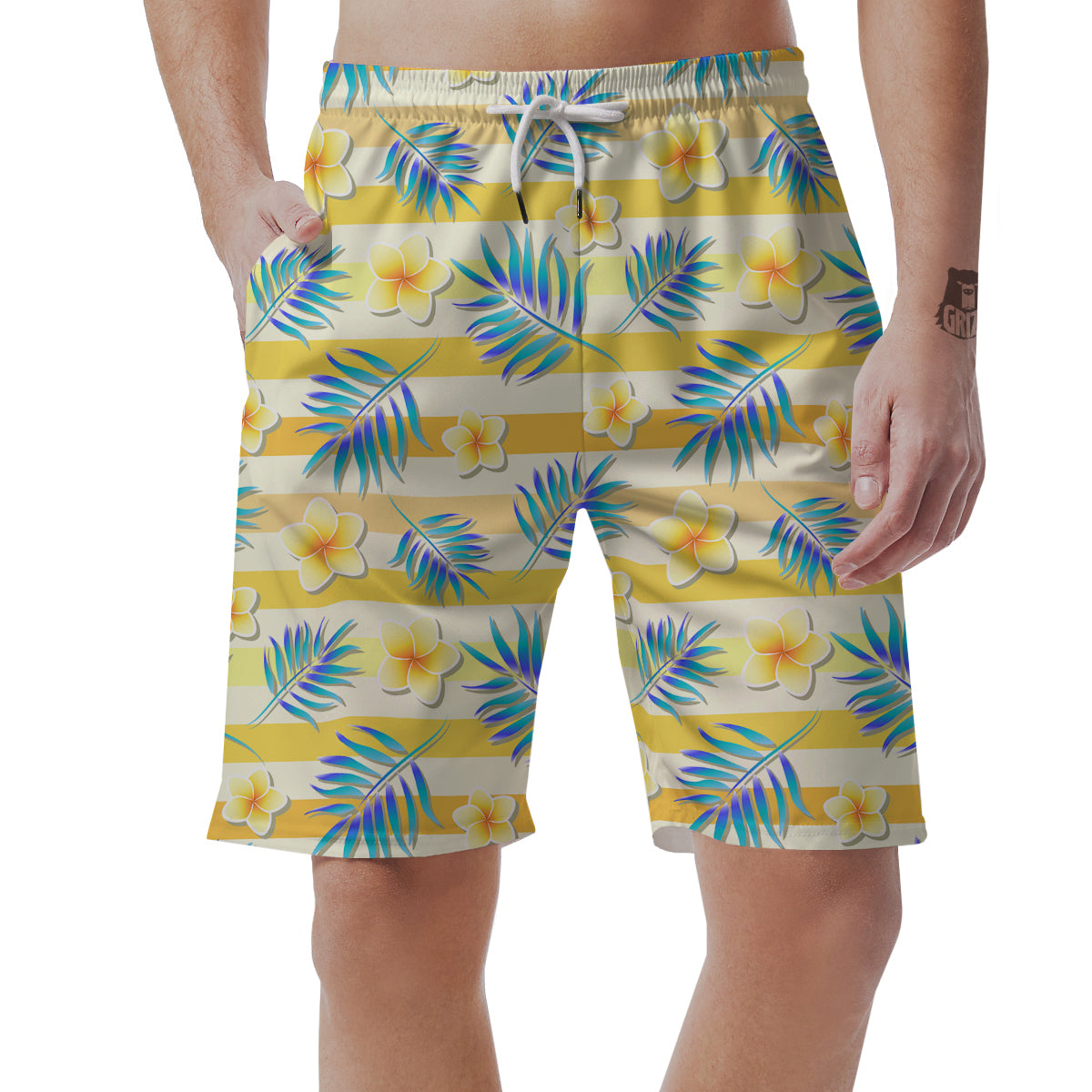 Frangipani Yellow Print Pattern Men's Shorts-grizzshop