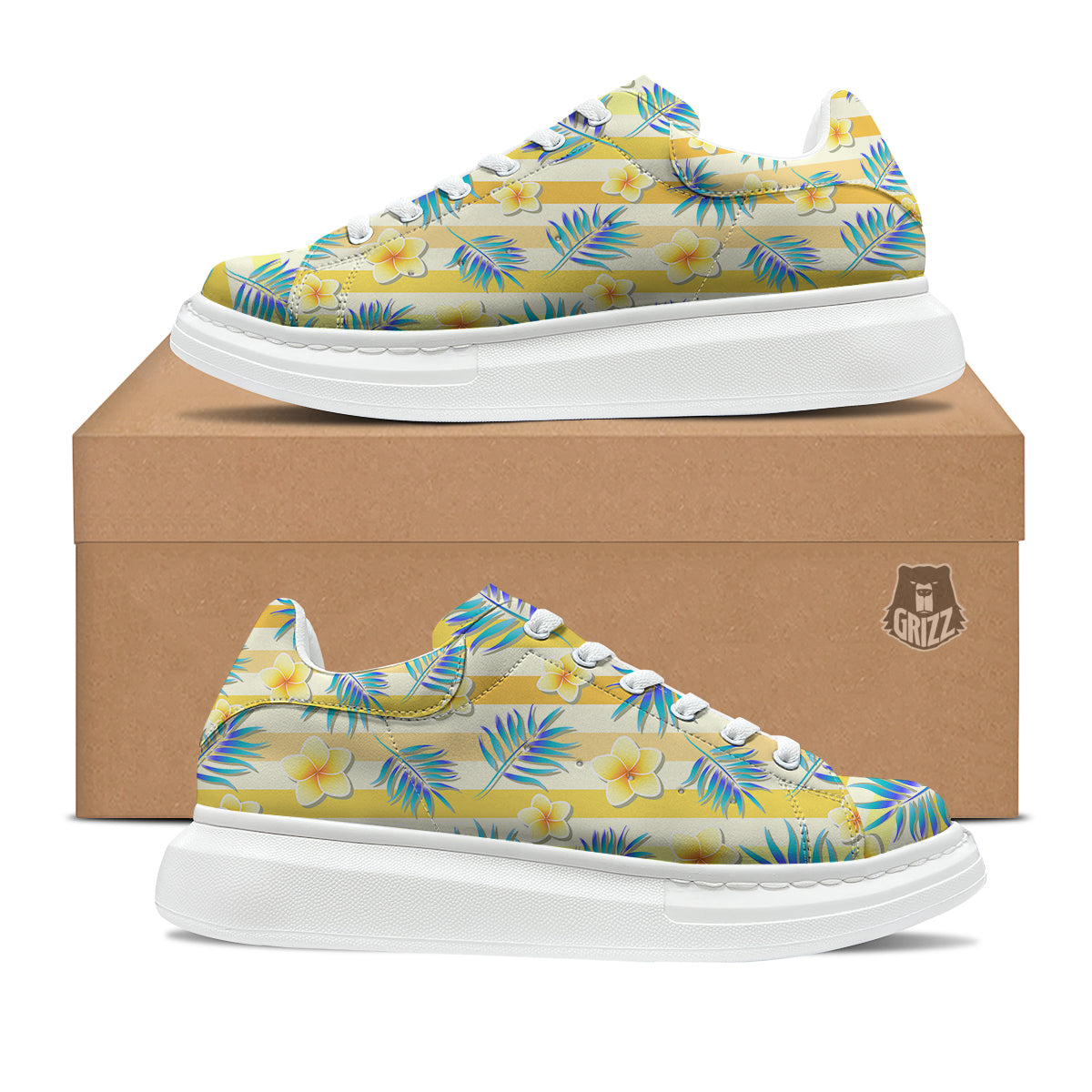 Frangipani Yellow Print Pattern Platform Shoes-grizzshop