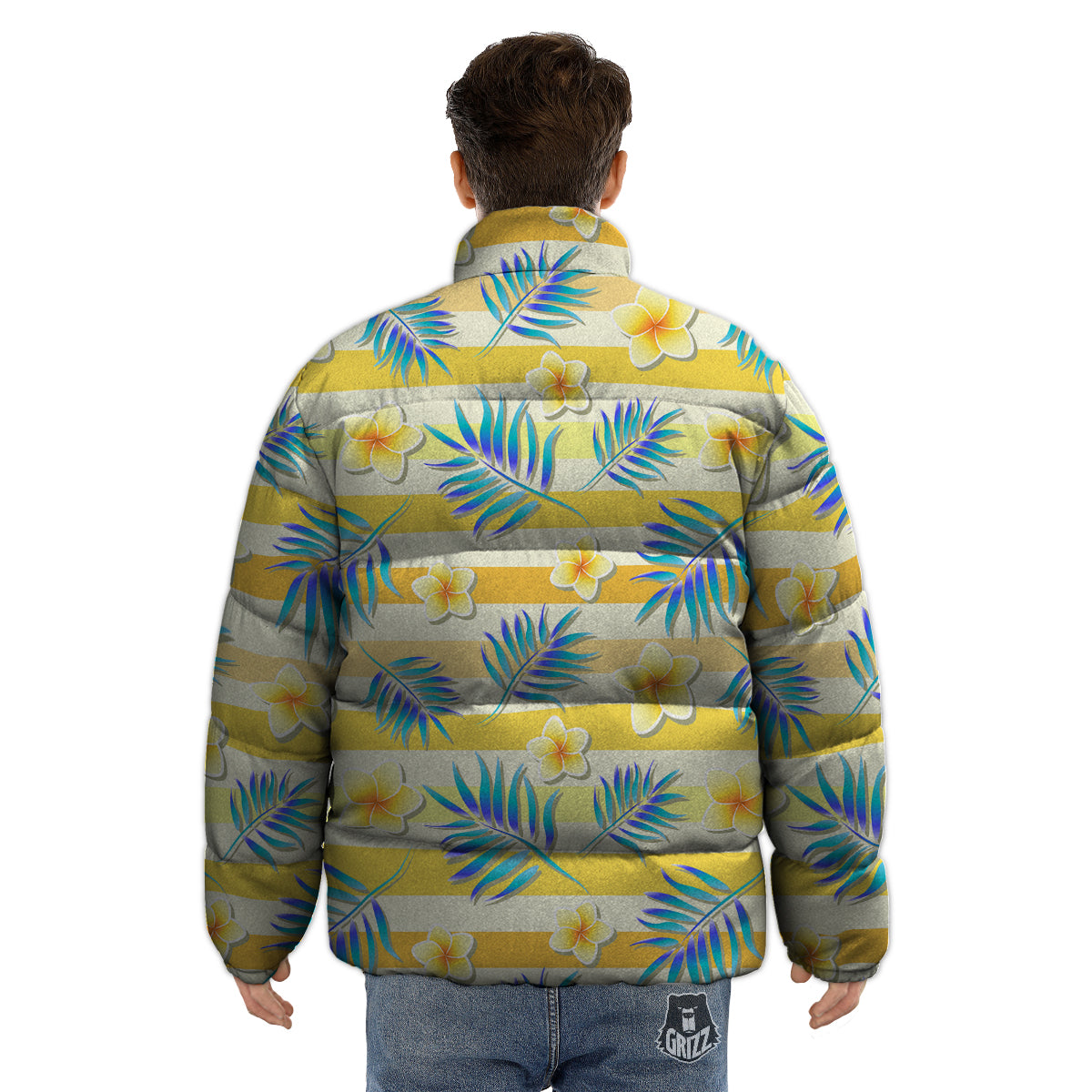Frangipani Yellow Print Pattern Puffer Jacket-grizzshop