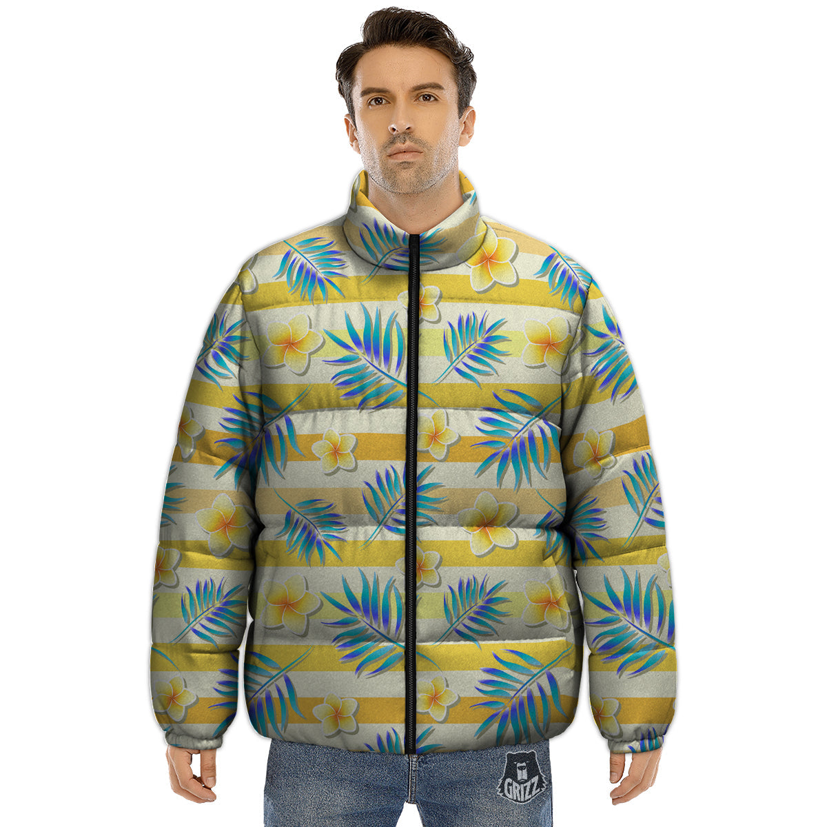 Frangipani Yellow Print Pattern Puffer Jacket-grizzshop