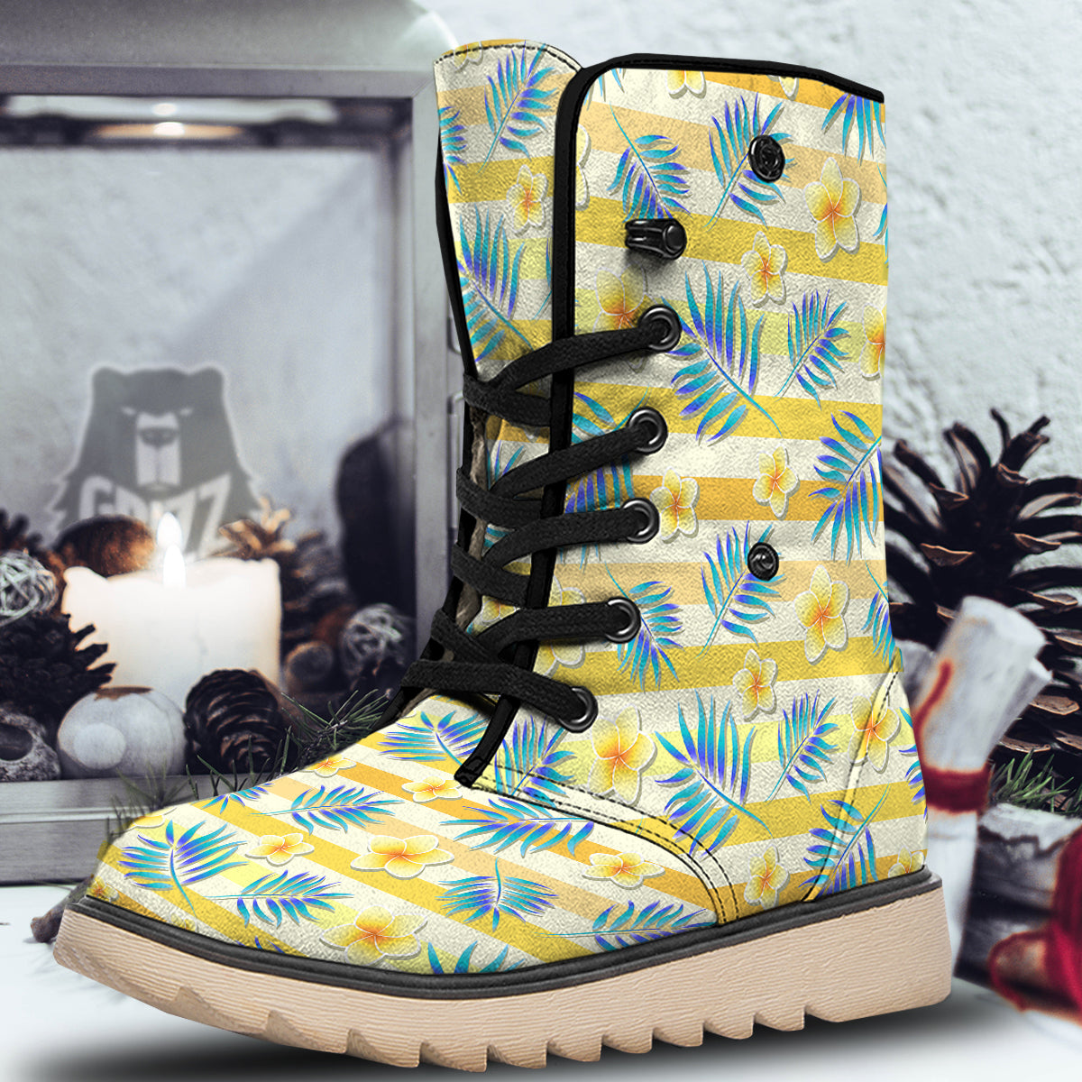 Frangipani Yellow Print Pattern Snow Boots-grizzshop