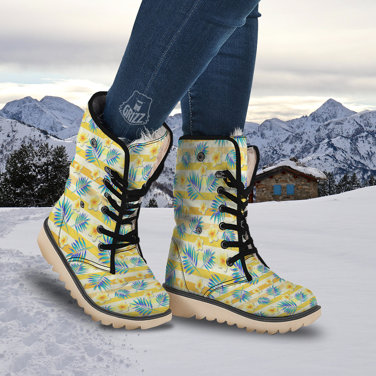 Frangipani Yellow Print Pattern Snow Boots-grizzshop
