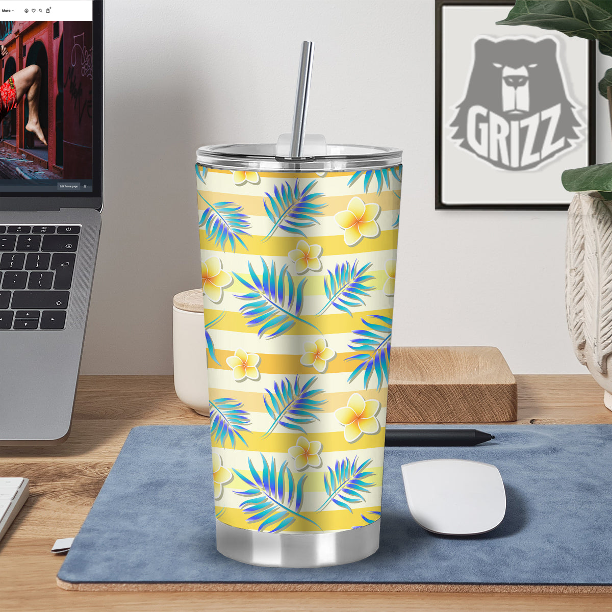 Frangipani Yellow Print Pattern Tumbler-grizzshop