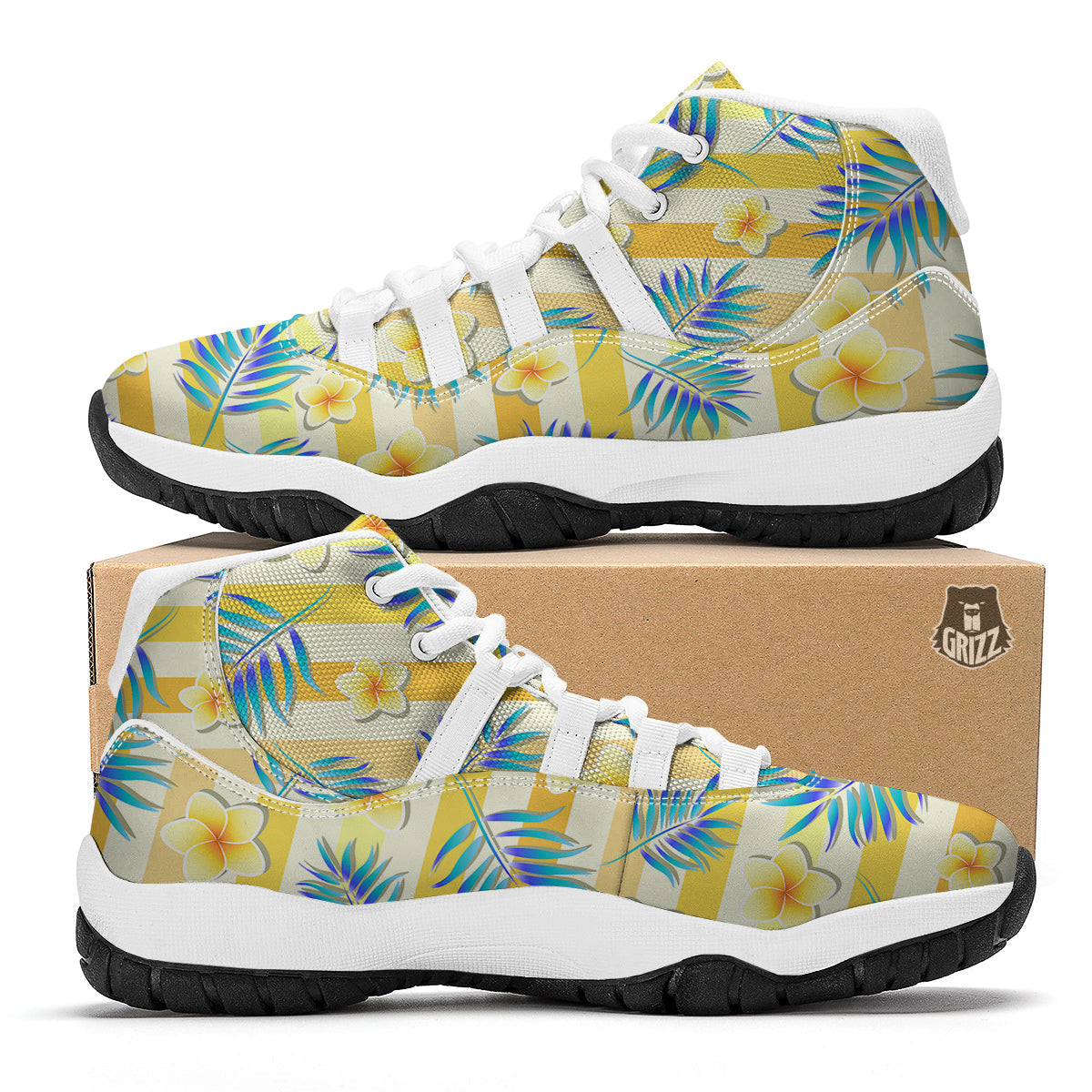 Frangipani Yellow Print Pattern White Bball Shoes-grizzshop