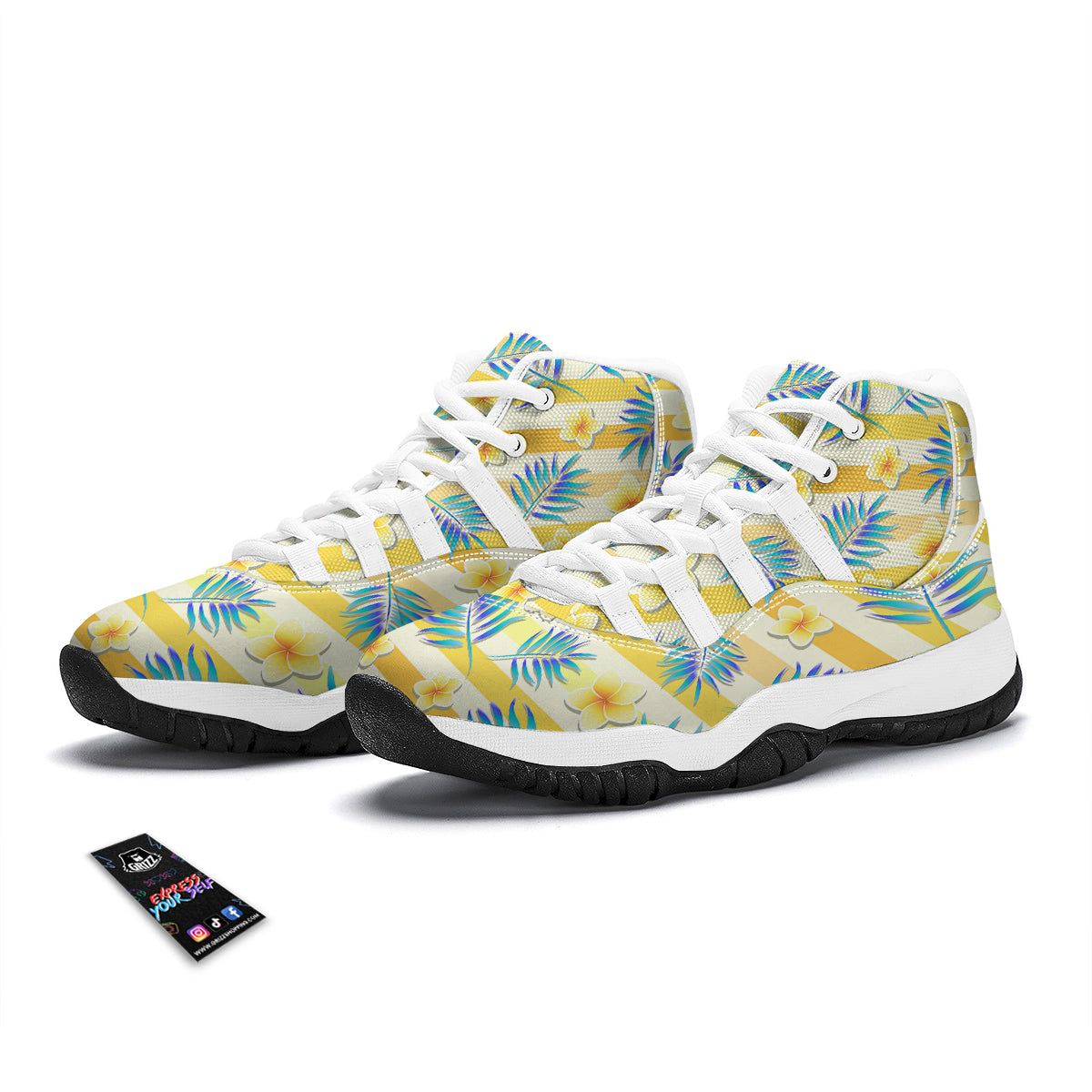 Frangipani Yellow Print Pattern White Bball Shoes-grizzshop