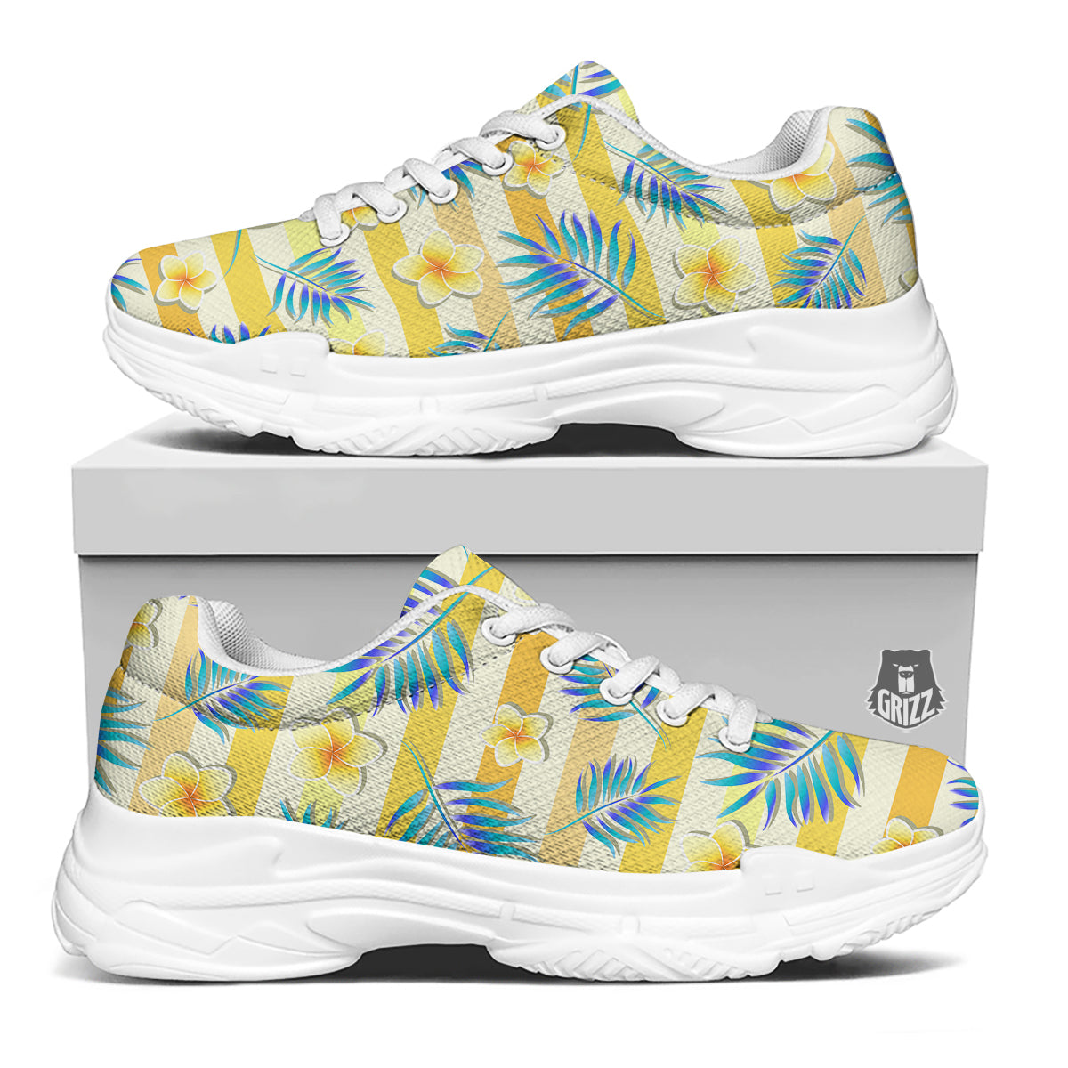 Frangipani Yellow Print Pattern White Chunky Shoes-grizzshop