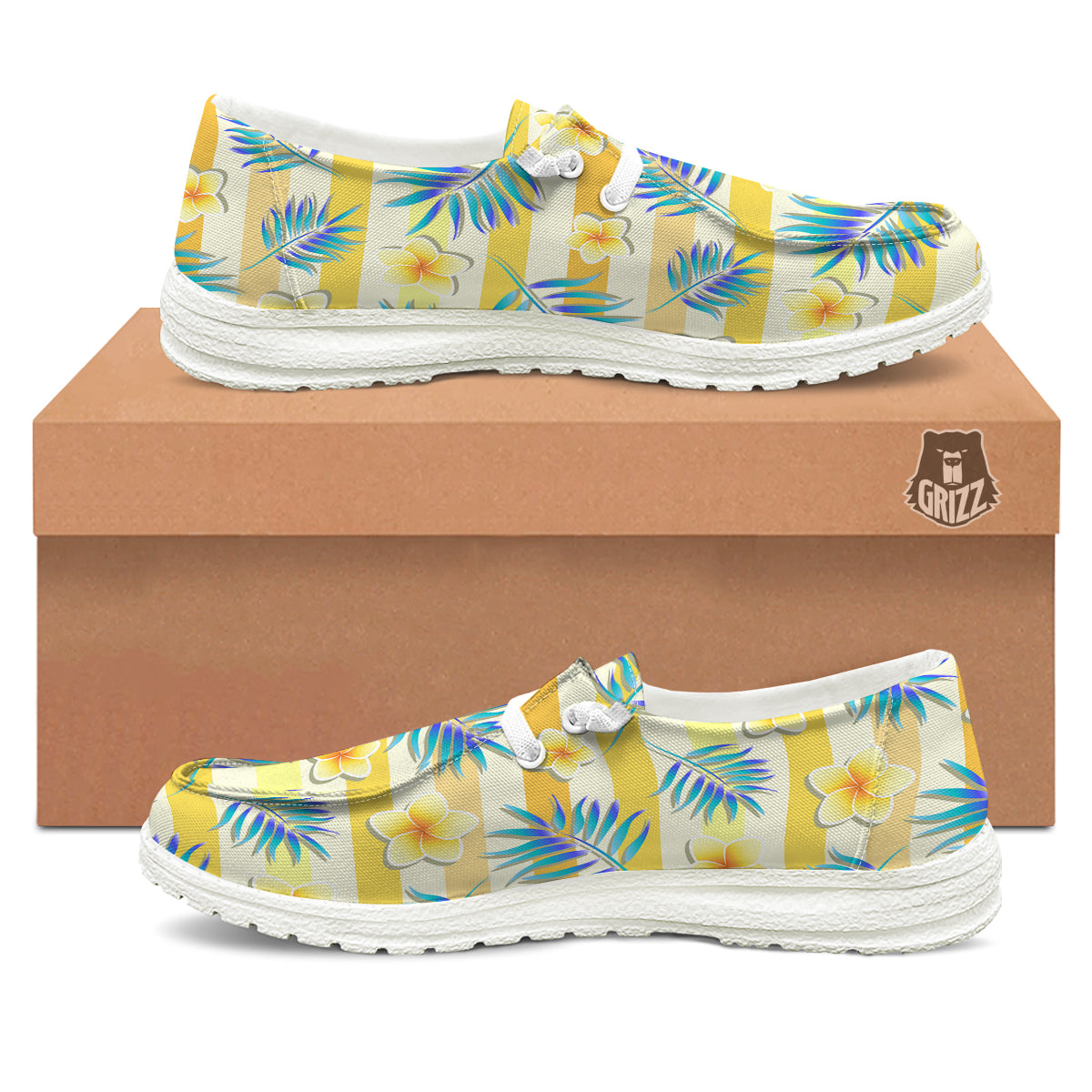 Frangipani Yellow Print Pattern White Loafers-grizzshop