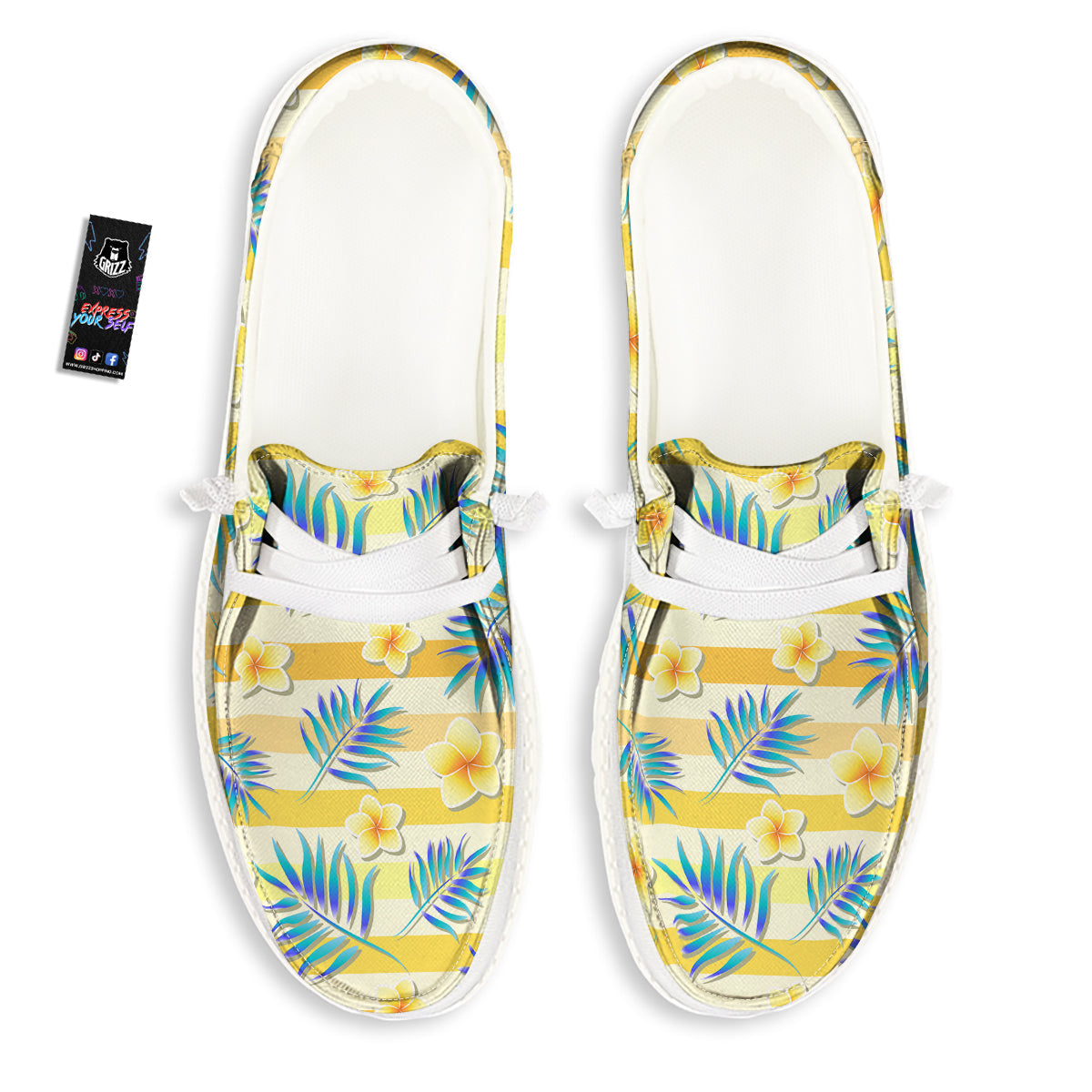 Frangipani Yellow Print Pattern White Loafers-grizzshop