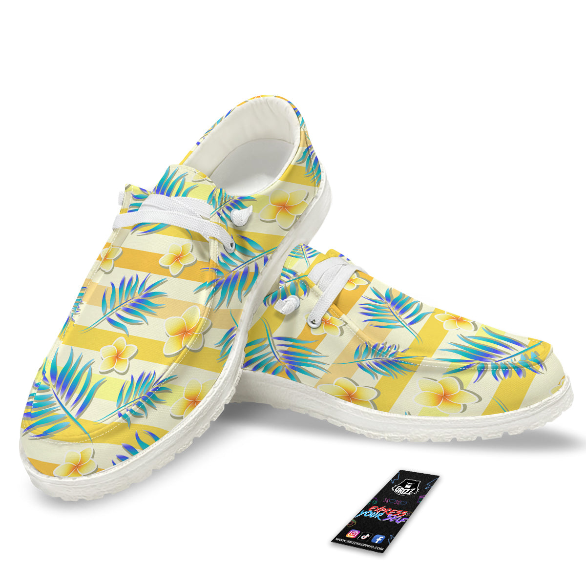 Frangipani Yellow Print Pattern White Loafers-grizzshop