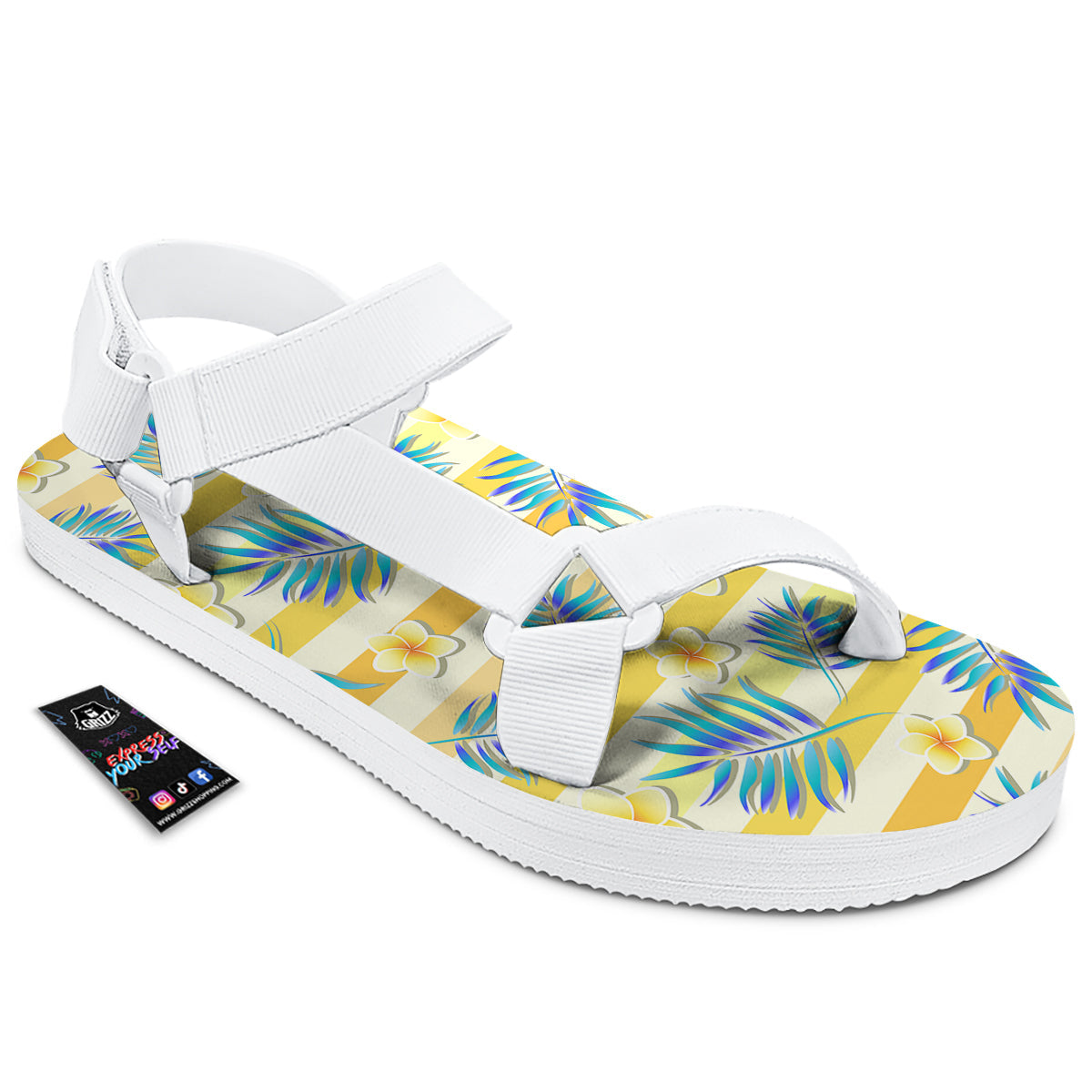 Frangipani Yellow Print Pattern White Open Toe Sandals-grizzshop