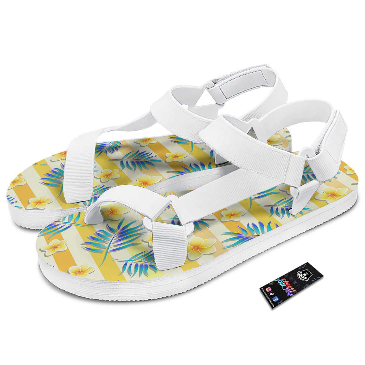 Frangipani Yellow Print Pattern White Open Toe Sandals-grizzshop