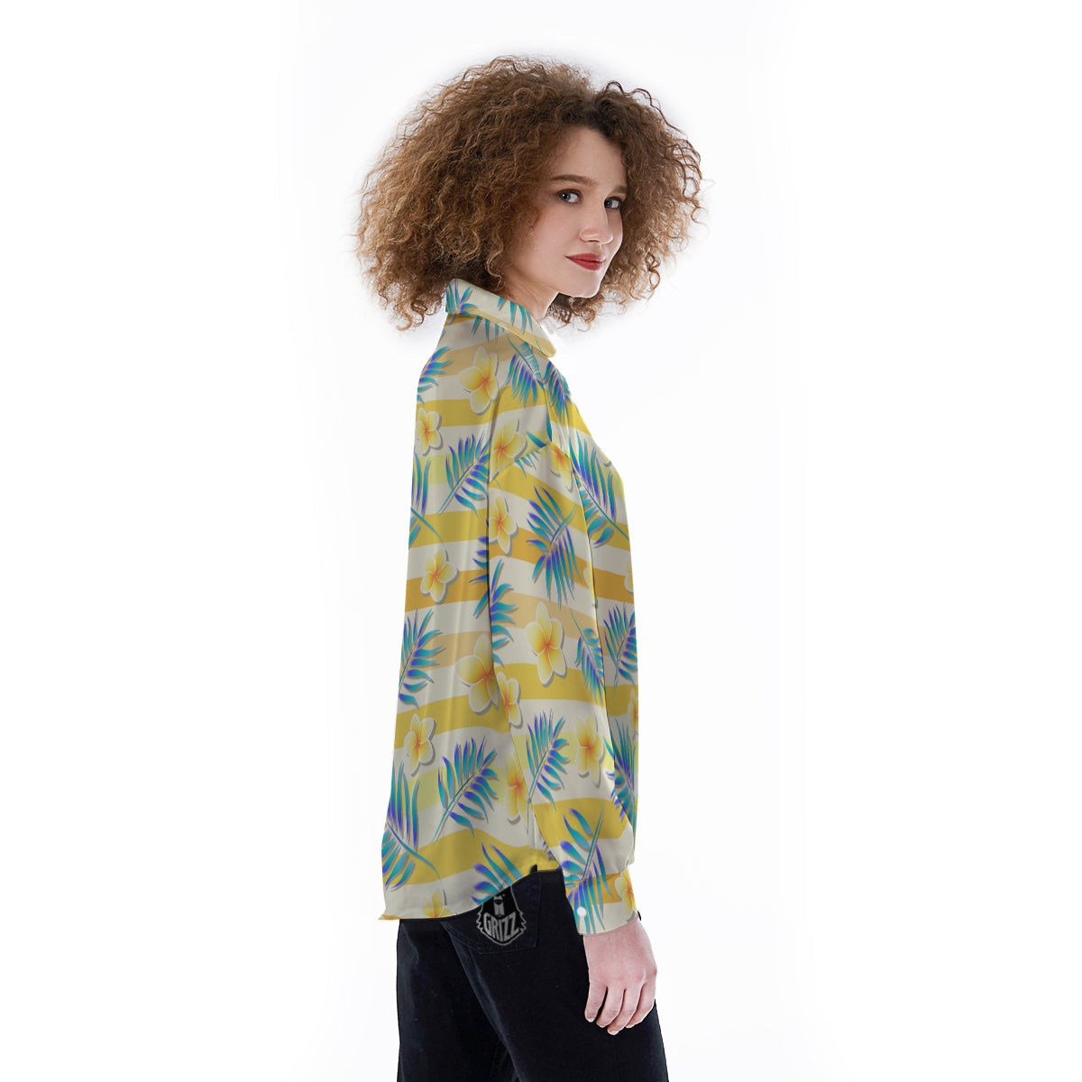 Frangipani Yellow Print Pattern Women's Long Sleeve Shirts-grizzshop