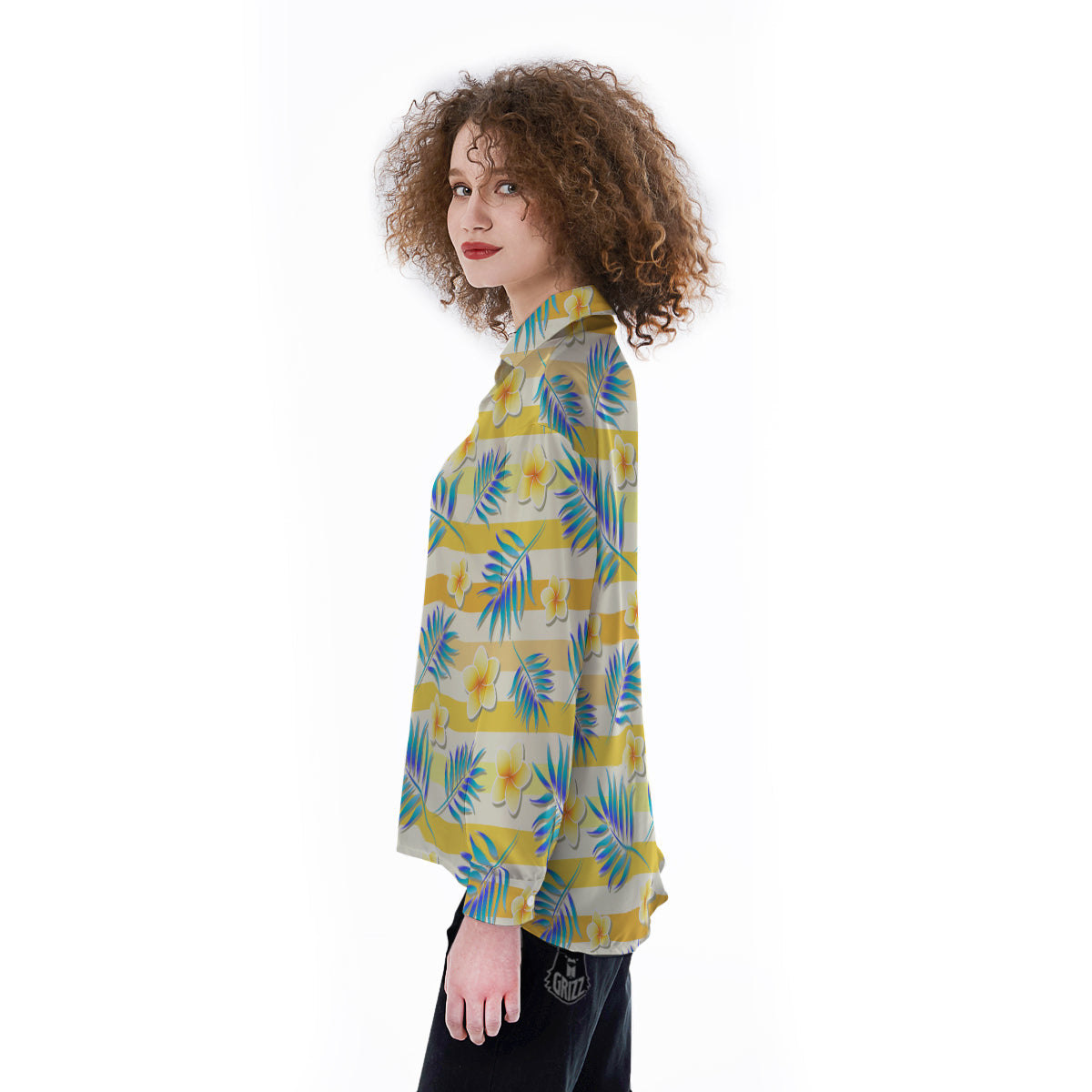 Frangipani Yellow Print Pattern Women's Long Sleeve Shirts-grizzshop