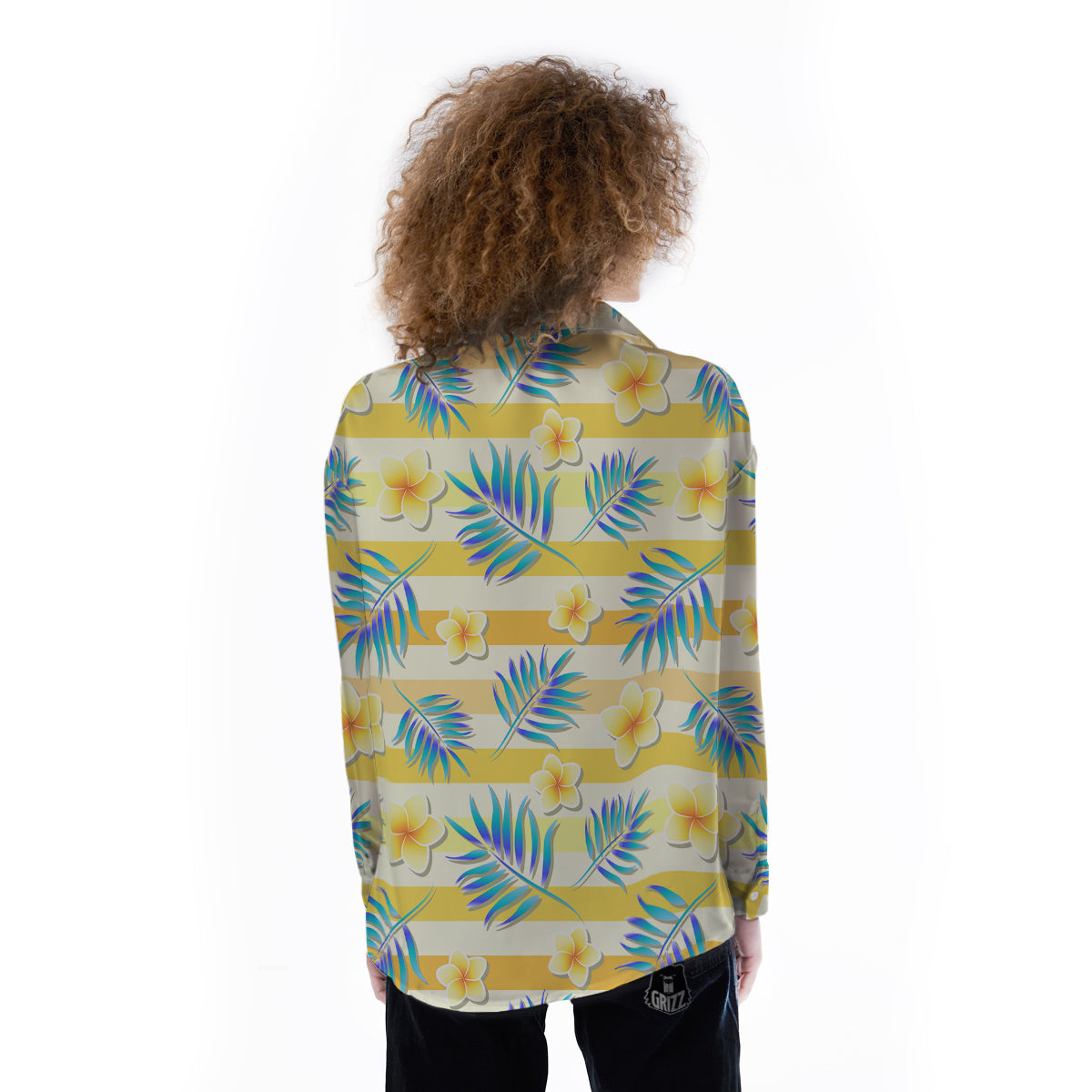 Frangipani Yellow Print Pattern Women's Long Sleeve Shirts-grizzshop