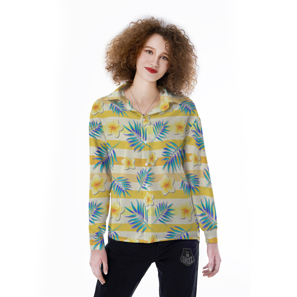 Frangipani Yellow Print Pattern Women's Long Sleeve Shirts-grizzshop