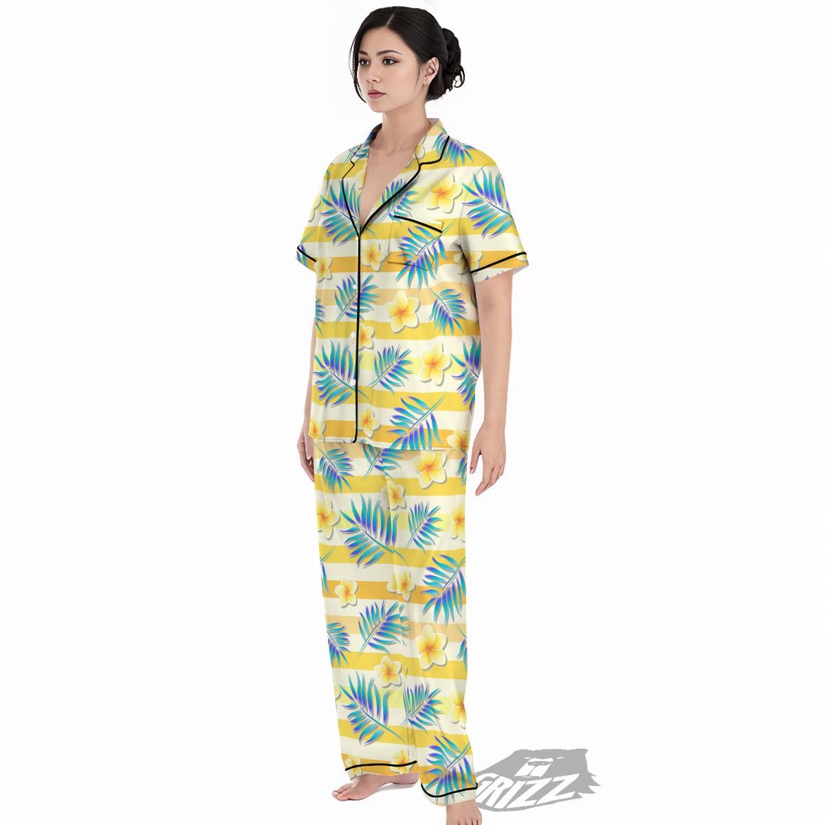 Frangipani Yellow Print Pattern Women's Pajamas Set-grizzshop