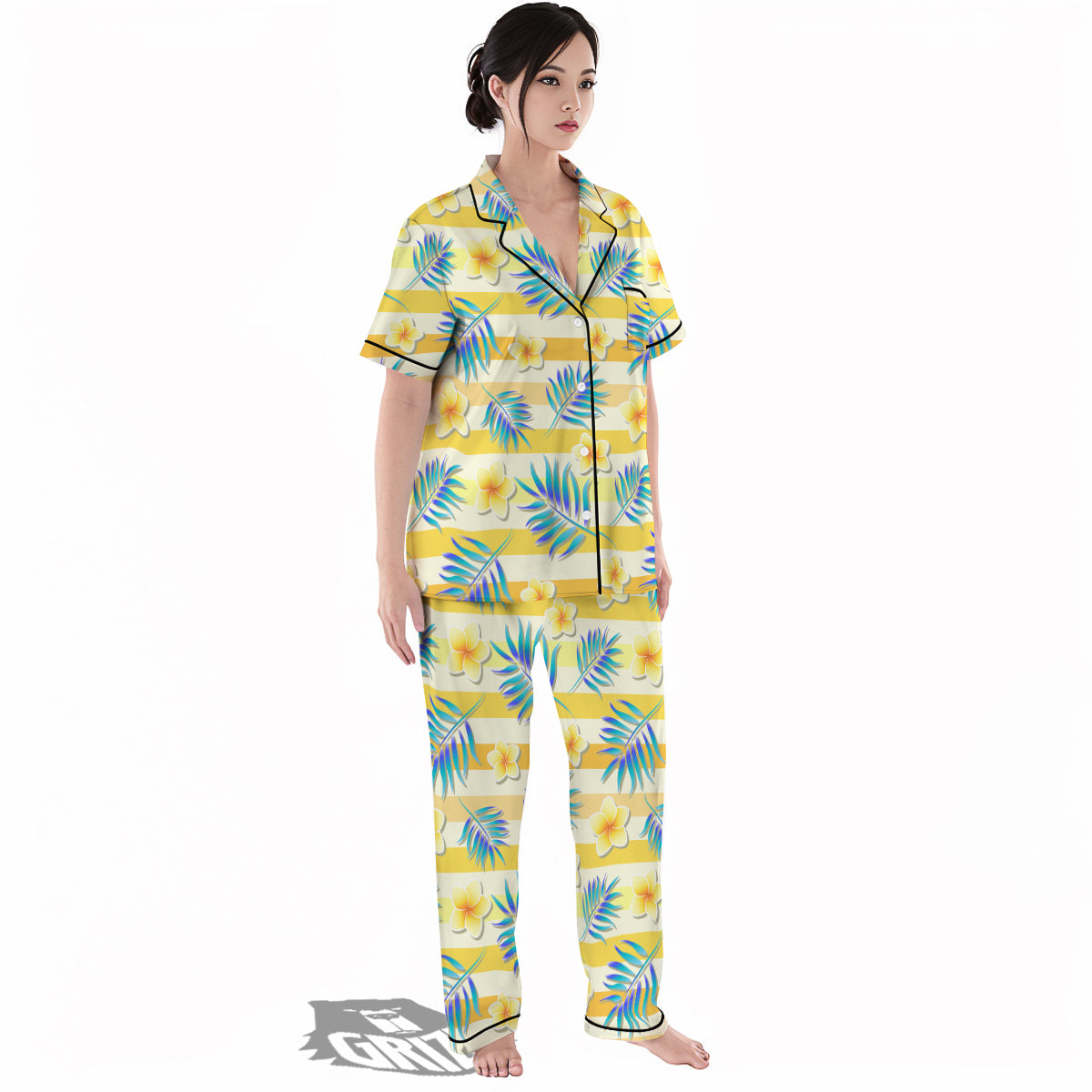 Frangipani Yellow Print Pattern Women's Pajamas Set-grizzshop