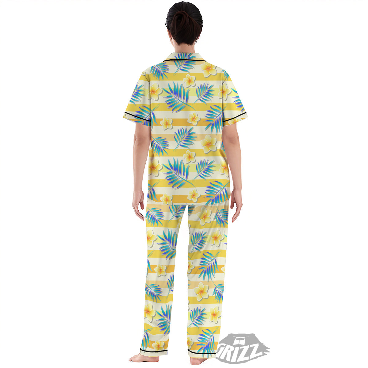 Frangipani Yellow Print Pattern Women's Pajamas Set-grizzshop