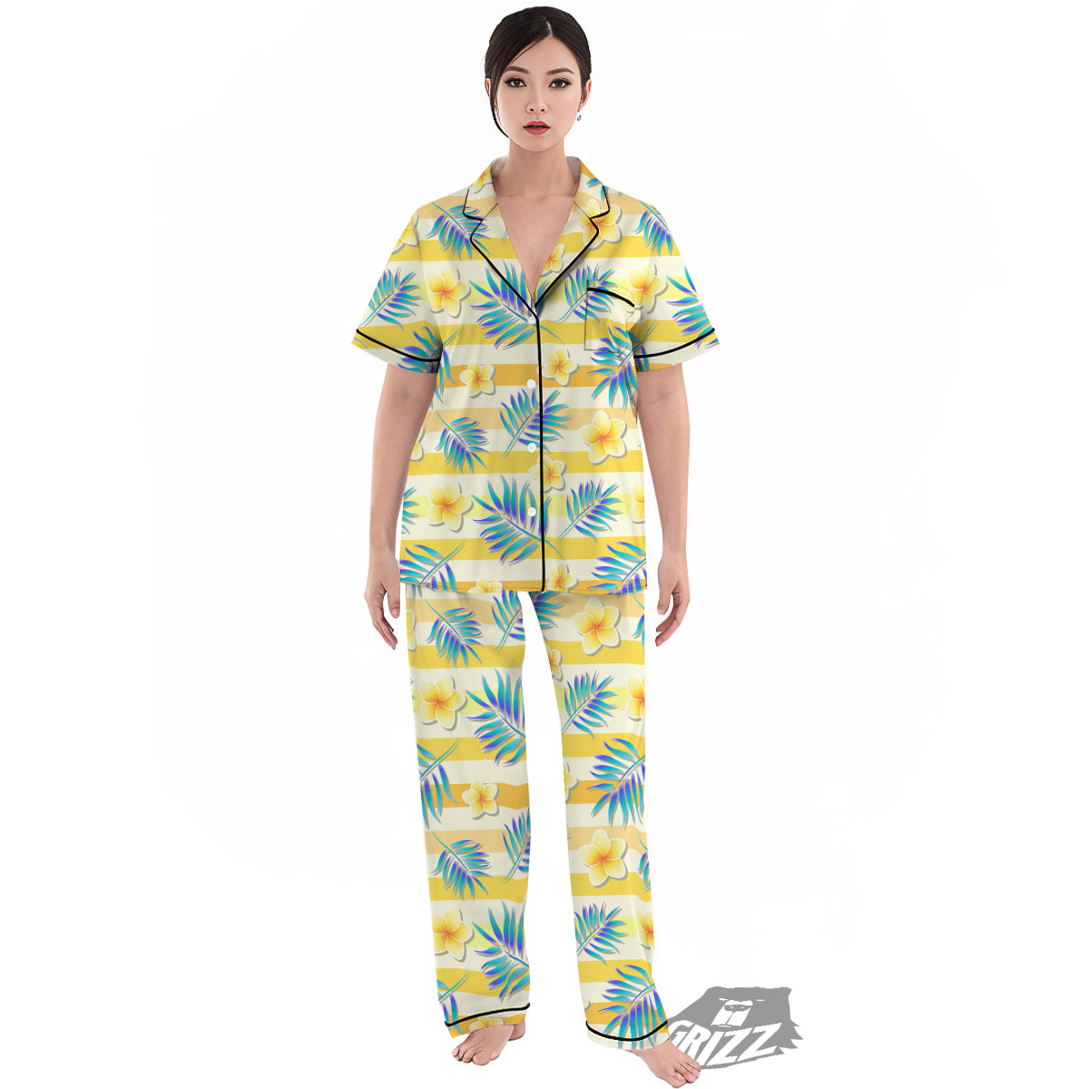 Frangipani Yellow Print Pattern Women's Pajamas Set-grizzshop